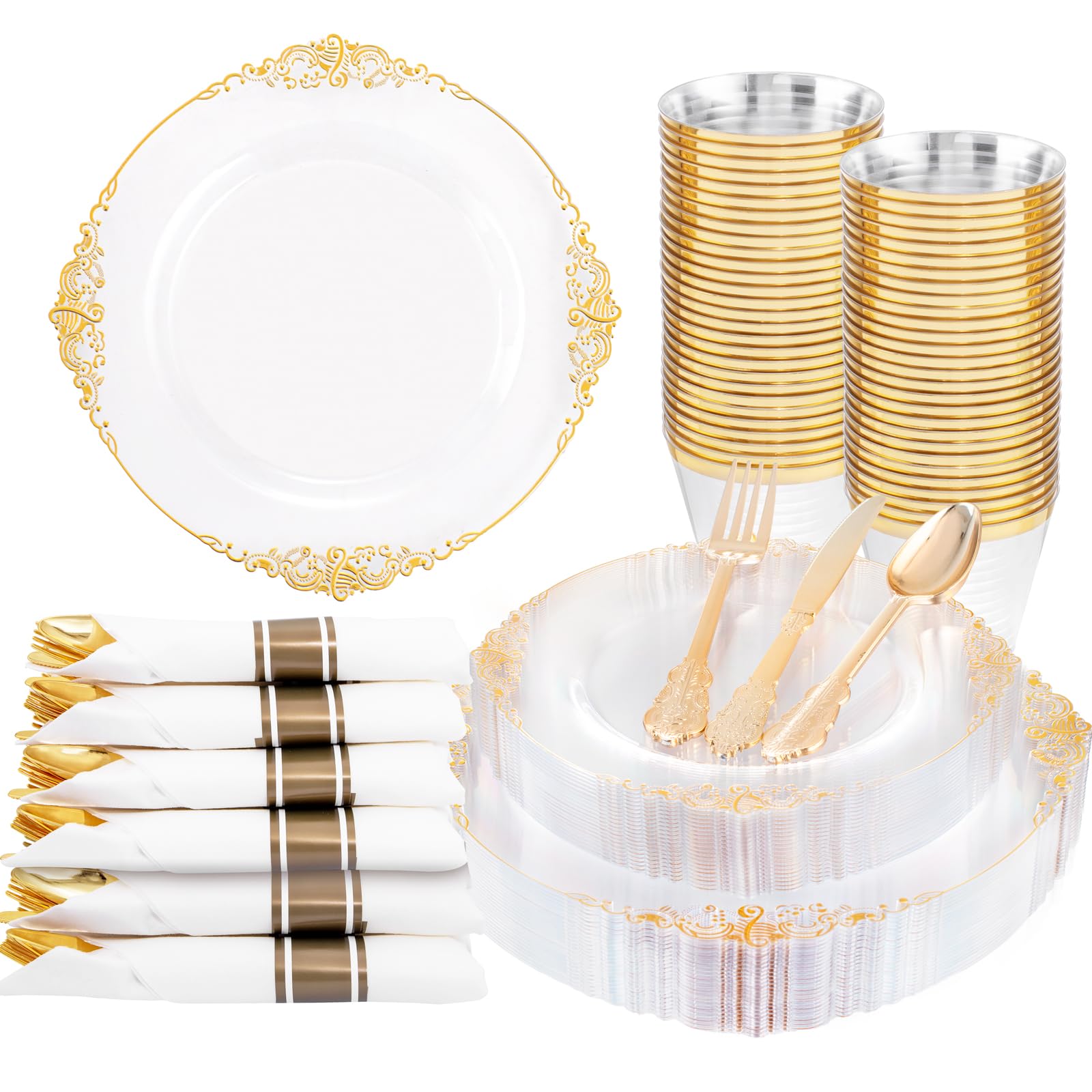 175PCS Clear Gold Plastic Plates Disposable - Elegant Party Dinnerware Set for 25 Guests (50 Plates, 75 Silverware, 25 Cups, 25 Napkins) - Perfect for Weddings, Birthday Parties & Special Events