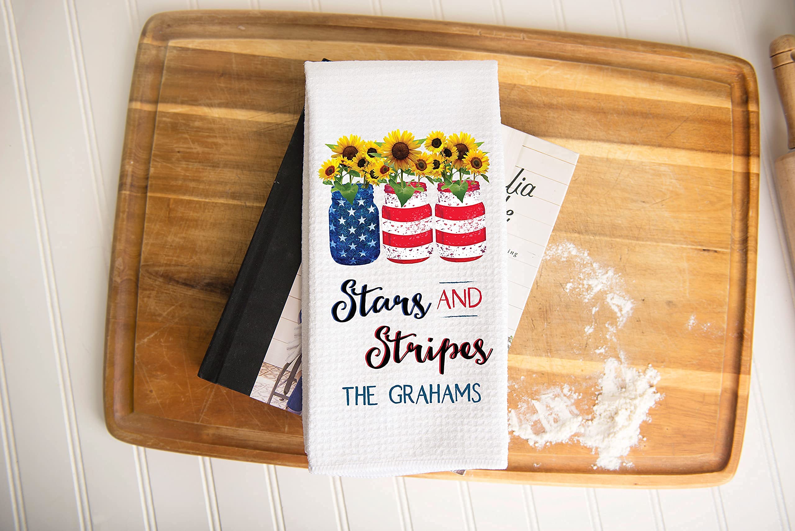 Personalized Stars and Stripes Kitchen Towel - Custom Waffle Weave Dish Towel for 4th of July Decor, Independence Day & Summer Kitchen Accessories - Perfect for Patriotic Home Decor, BBQ Parties & Holiday Gifting