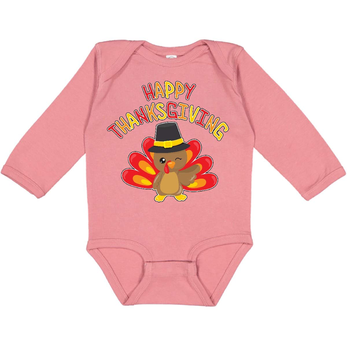 Inktastic Happy Thanksgiving Cute Turkey in Pilgrim Hat Baby Long Sleeve Bodysuit - Soft Cotton Infant Romper for Holiday Photos & Family Gatherings