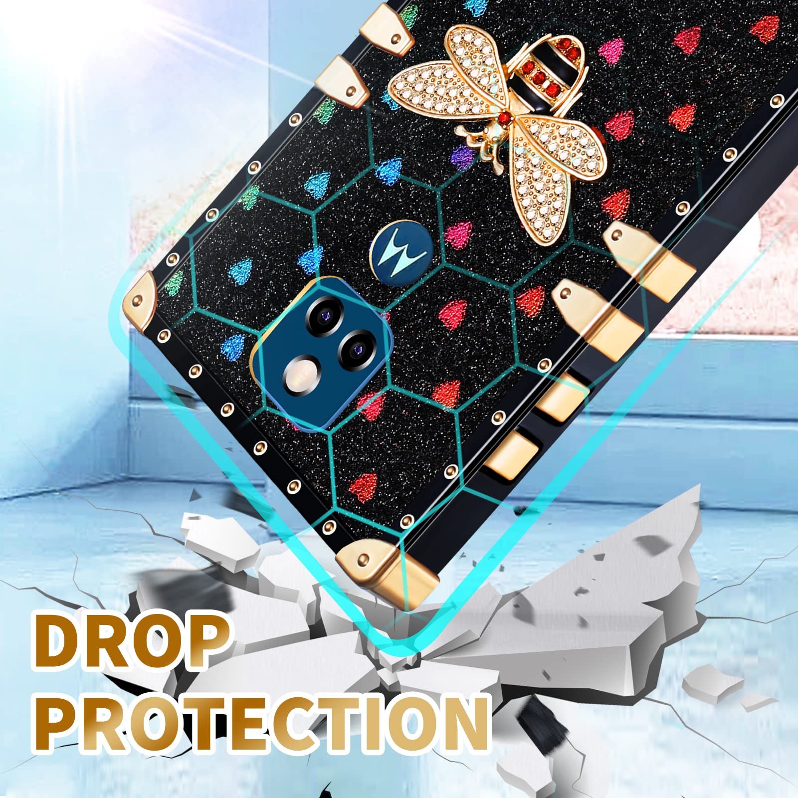 Stylish Luxury Bees Design Phone Case for Motorola Moto G Play 2021 (6.5 Inch) - Shockproof Protective Cover with Ring Stand Holder & Lanyard - Perfect for Women's Daily Use, Work, Travel and Outdoor Activities