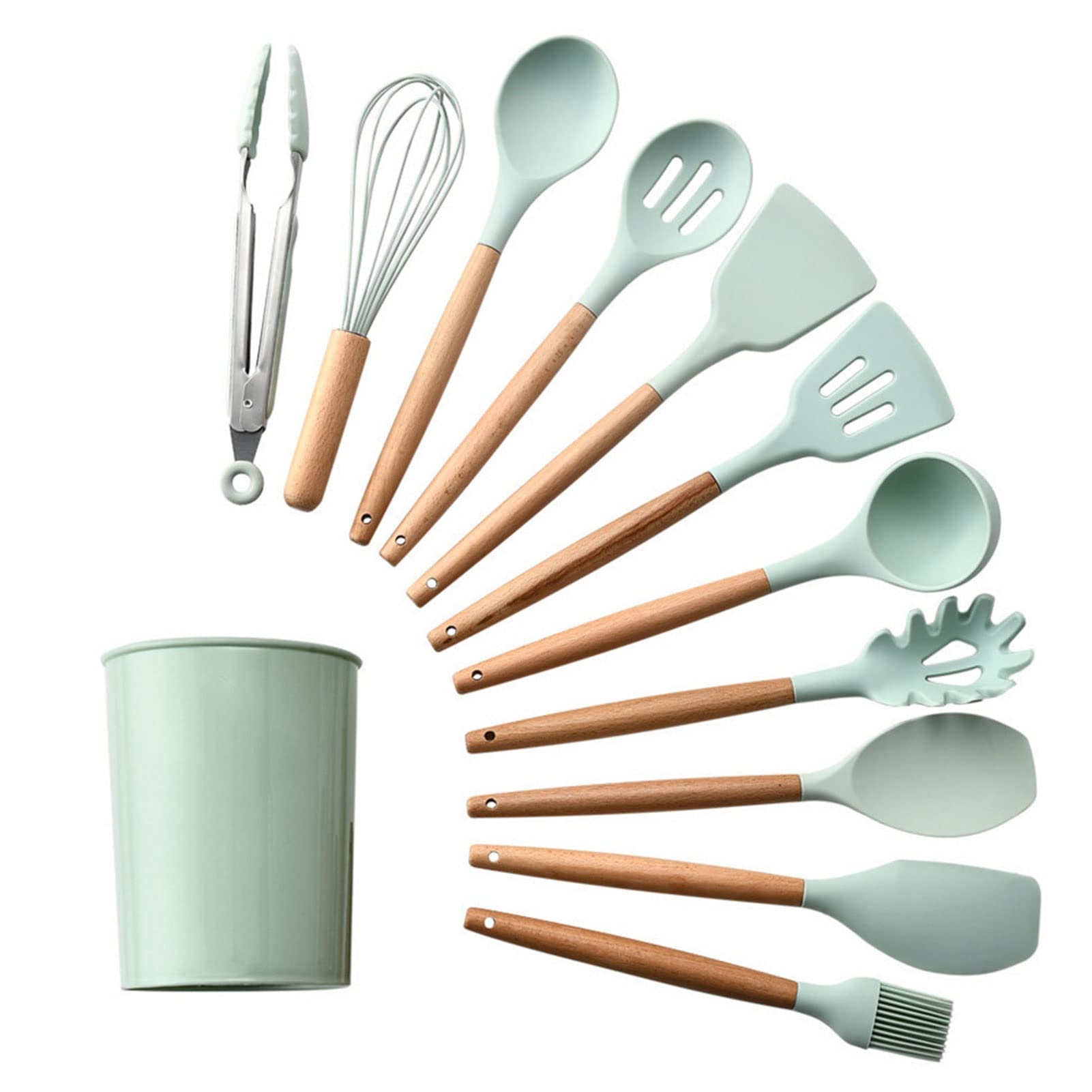 WENZHE 11-Piece Silicone Cooking Utensil Set with Wooden Handles - Non-Stick Kitchen Tools for Baking, Cooking & Serving - Heat Resistant & Easy to Clean Utensils for Everyday Kitchen Use