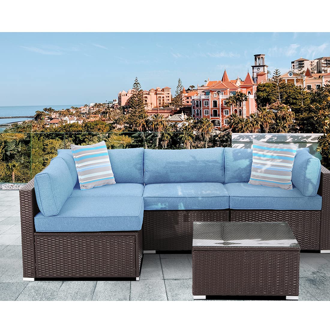 HOMPUS 5-Piece Outdoor Patio Sofa Set - All-Weather Chocolate Brown Wicker Sectional Furniture with Royal Blue Cushions, 2 Striped Pillows & Glass Coffee Table - Perfect for Garden, Backyard, Poolside & Patio Relaxation