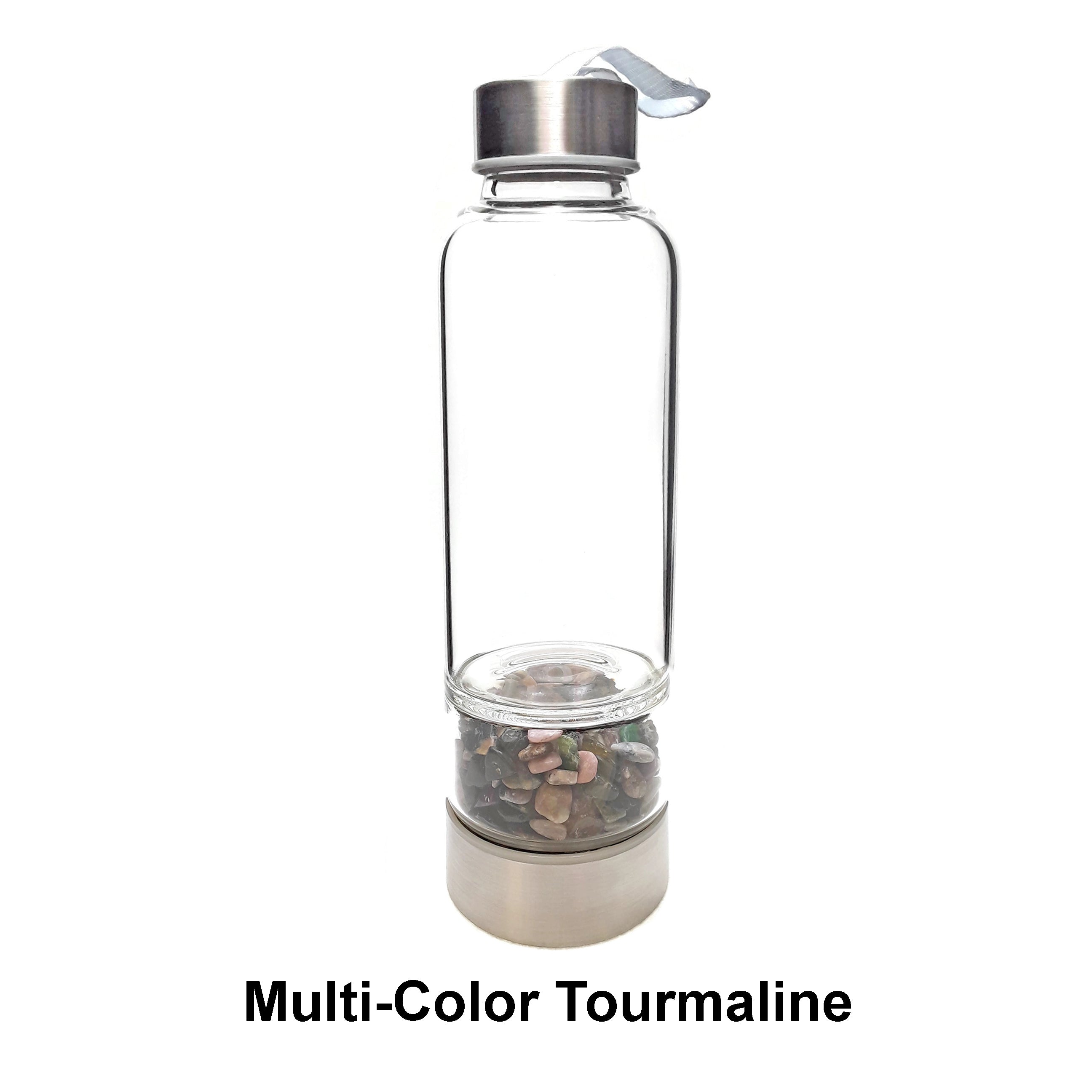 Healing Crystal Infused Glass Water Bottle with Gemstone Chips - Labradorite, Jasper, Rose Quartz, Black Tourmaline & Turquoise | 9