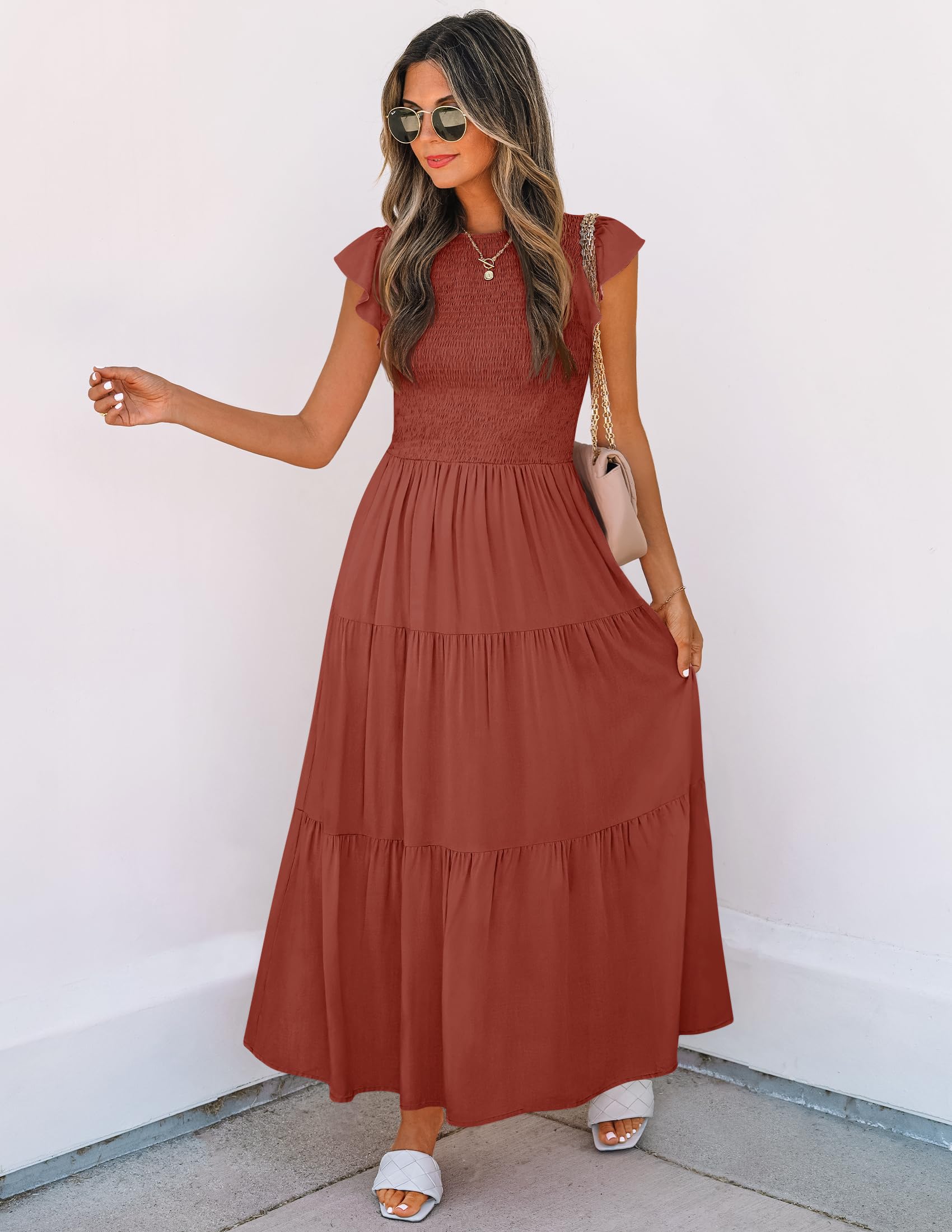 ZESICA Women's Summer Flutter Short Sleeve Smocked Waist Tiered Midi Dress - Casual Crew Neck Elastic Waist Flowy Dress for Beach, Vacation & Everyday Wear