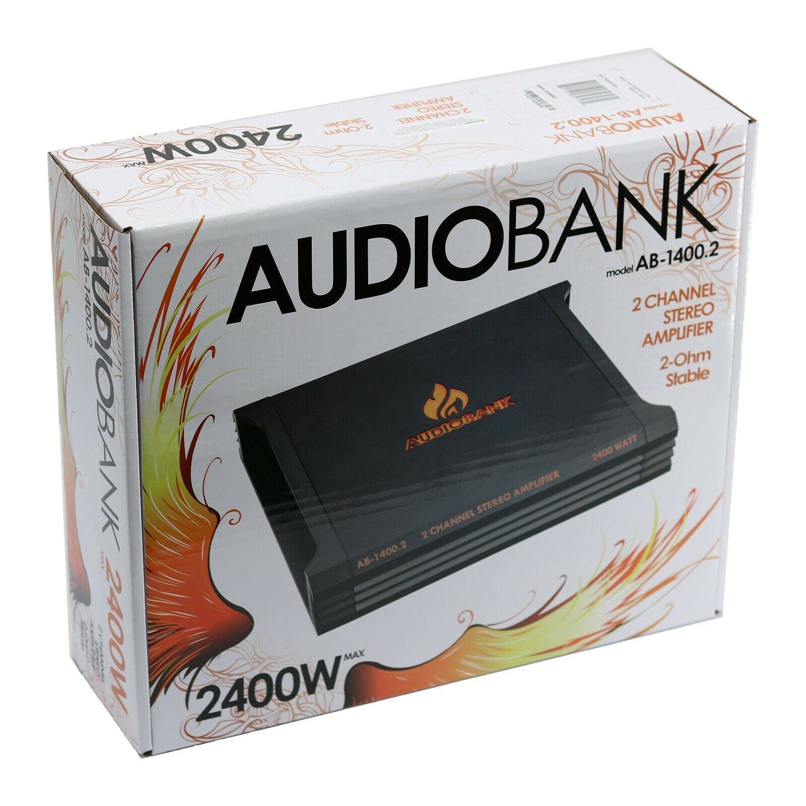 Audiobank AB1400.2 2400W 2-Channel Class A/B Car Amplifier - 2 Ohm Stable, Bass Control, Bridgeable, LED Indicator with 4 Gauge Amp Kit (Blue) - Perfect for Car Audio Upgrades & Bass Enhancement Systems