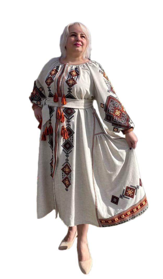 Stylish Plus Size Linen Summer Dress with Ukrainian Geometric Embroidery - Breathable Ethno-Style Maxi Dress (Size L) for Beach Vacations, Boho Weddings & Casual Outings
