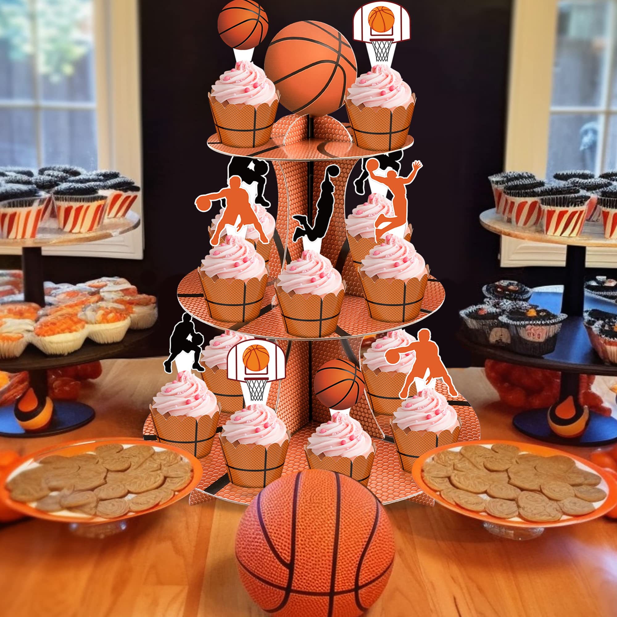 3-Tier Round Cardboard Cupcake Stand with Baseketball Theme - Holds 24 Cupcakes, Includes Toppers & Wrappers - Perfect for Sports Birthday Parties, Game Day Decorations & Basketball Themed Events