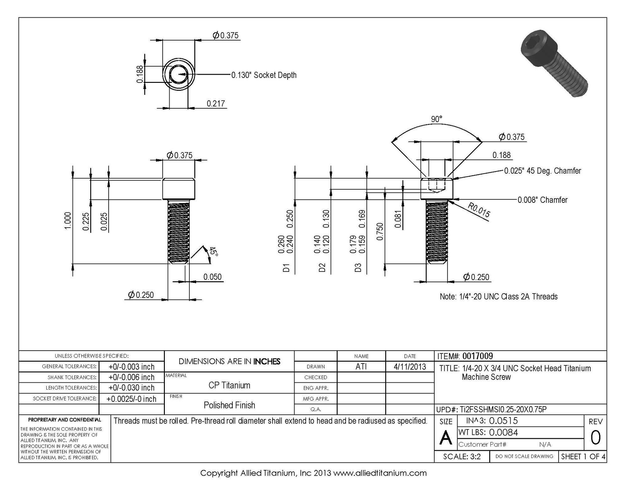 10-Pack 1/4-20 X 3/4 UNC Grade 2 Titanium Socket Head Machine Screws (CP) - Ideal for Automotive, Aerospace & Industrial Applications