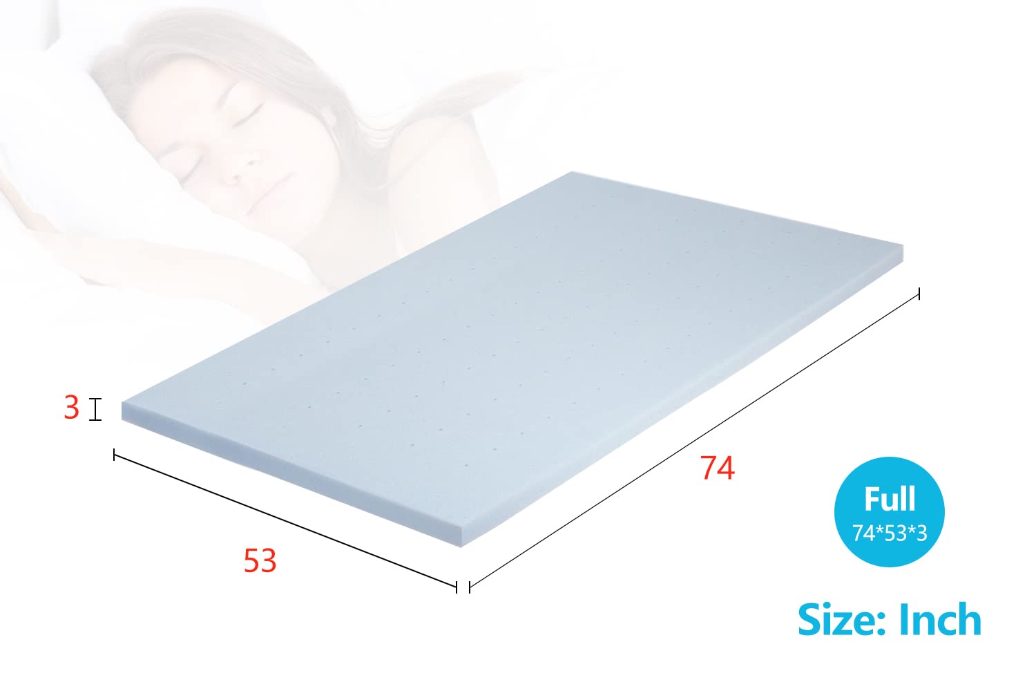 3 Inch Cooling Gel Memory Foam Mattress Topper - Ventilated Design for Pressure Relief & Temperature Regulation - CertiPUR-US Certified Full Size Mattress Pad - Perfect for Hot Sleepers & Back Pain Relief - Blue