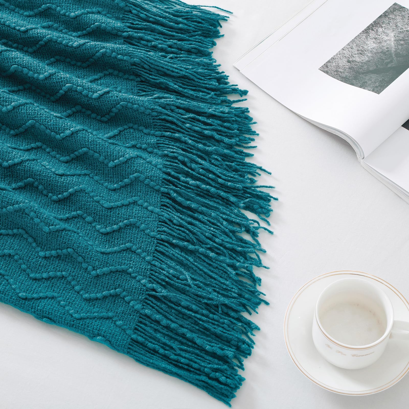 BOURINA Teal Knitted Throw Blanket 50x90 Inches - Ultra Soft Textured Solid Blanket for Sofa, Couch & Bed - Cozy Decorative Cover for Living Room, Bedroom & Travel