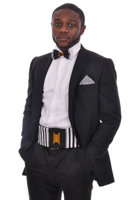 Elegant White, Black & Gold Kente Bow Tie and Waistband Set - DPT241 - Perfect for Weddings, Prom, and Formal Events