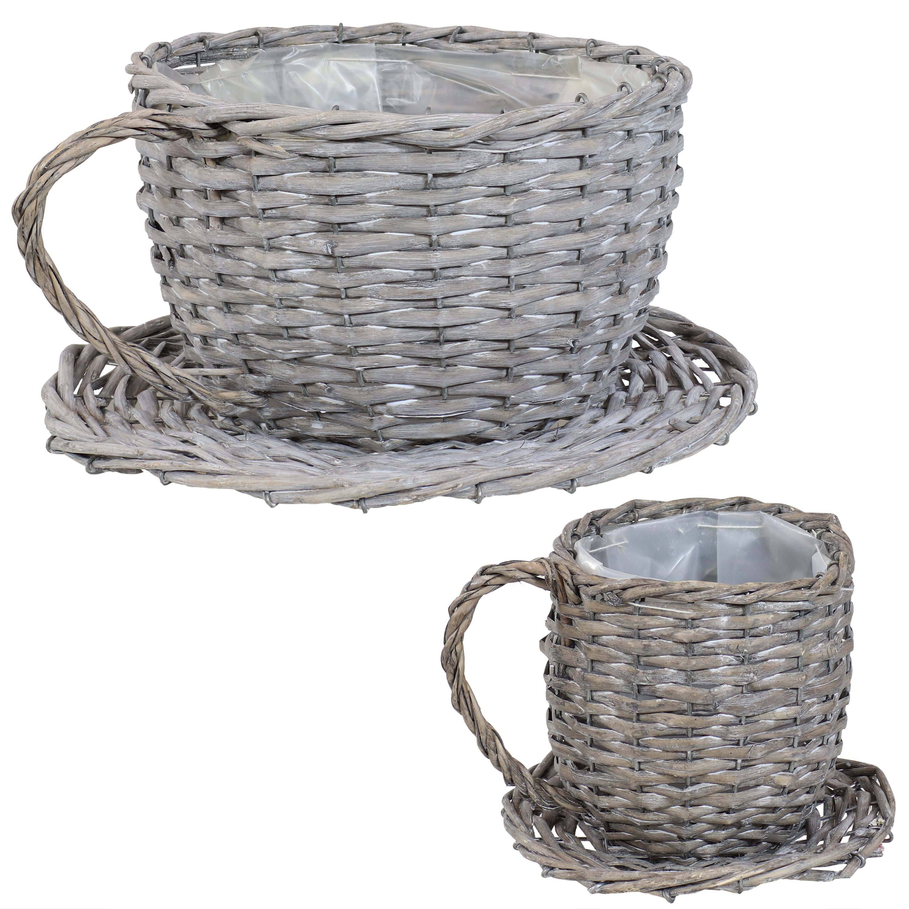 Sunnydaze Set of 2 Gray Willow Wicker Coffee Cup Indoor Planters - Perfect for Home Decor, Office Desk, and Succulent Plant Display