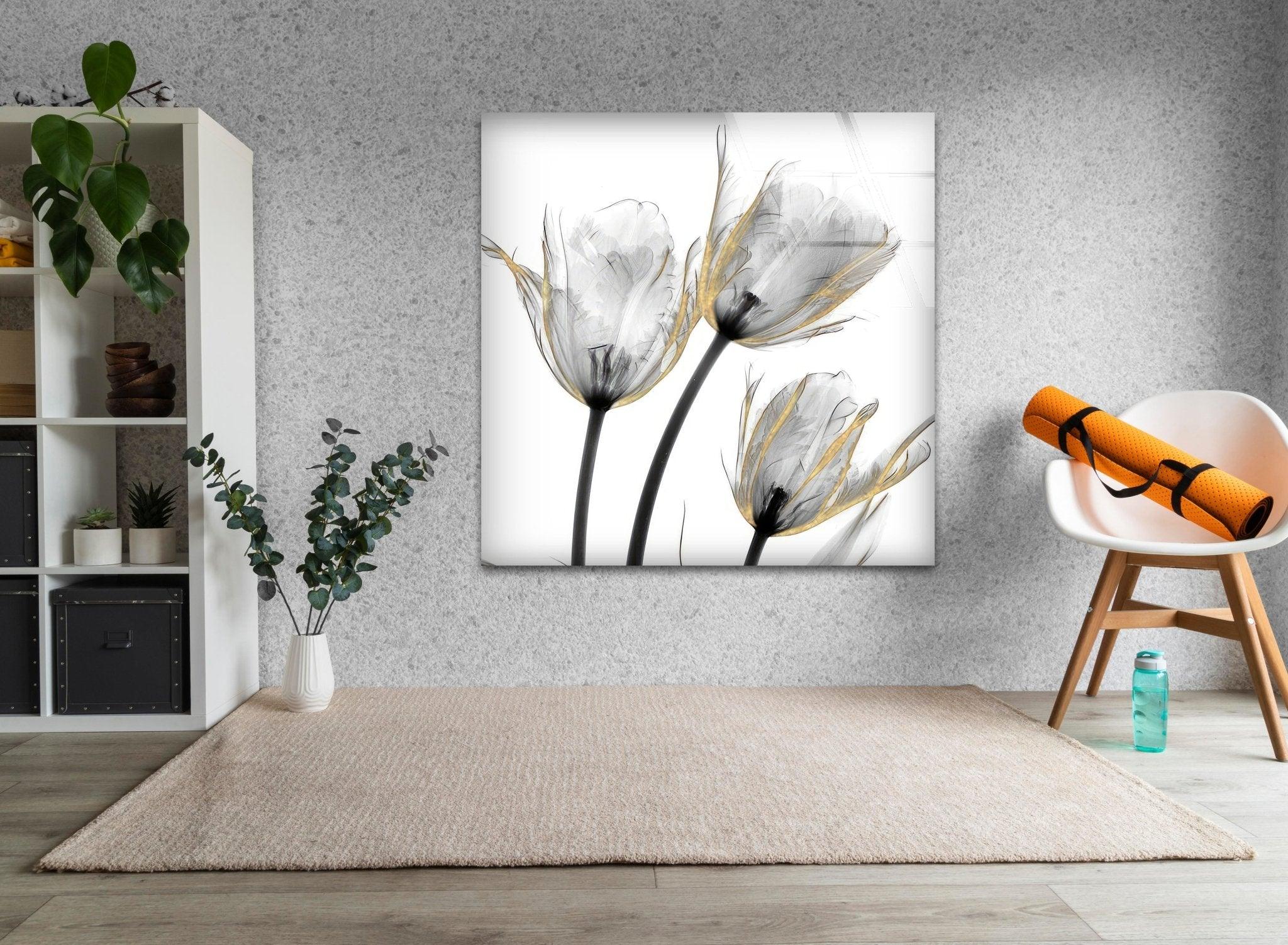 Albert Koetsier Gold Embellished Tulips Glass Wall Art - Handcrafted Floral Home Decor for Living Room, Bedroom & Office - Elegant Gift Idea for Housewarming & Wedding