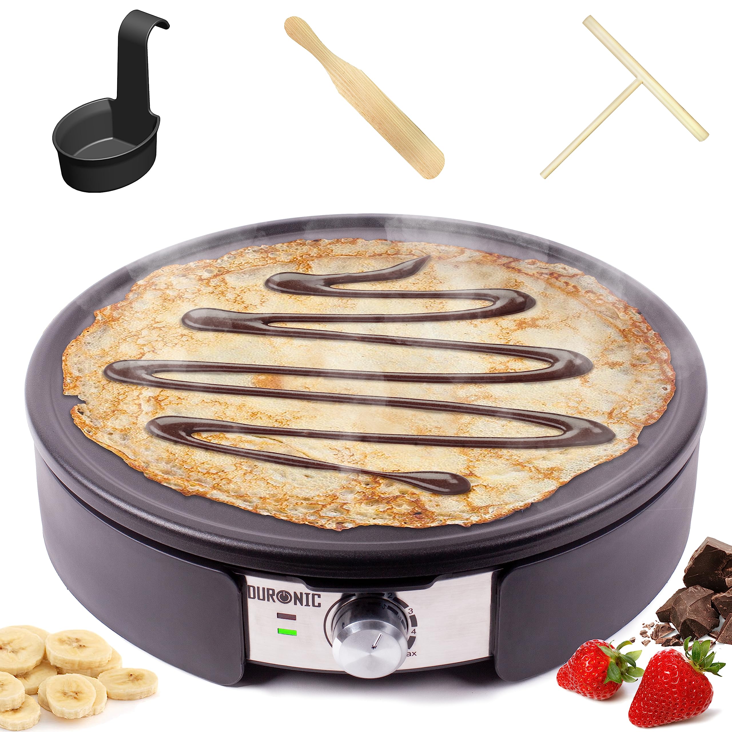 Duronic PM152 - 1500W Electric Pancake Maker, 37cm Non-Stick & Removable Plate, Adjustable Temperature, Includes Accessories - Perfect for Sweet & Savory Pancakes, Crepes, Omelets & More - Ideal for Breakfast, Brunch & Family Gatherings