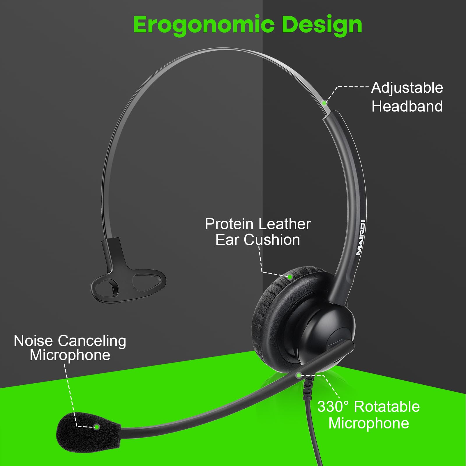 MAIRDI Noise Canceling Telephone Headset with Microphone - Binaural Office Headset for Call Centers, Compatible with Polycom Avaya Nortel - RJ9 & 3.5mm Jack for Landline Phones, Cell Phones, PC & Laptop - Ideal for Remote Work, Customer Service & Professional Calls
