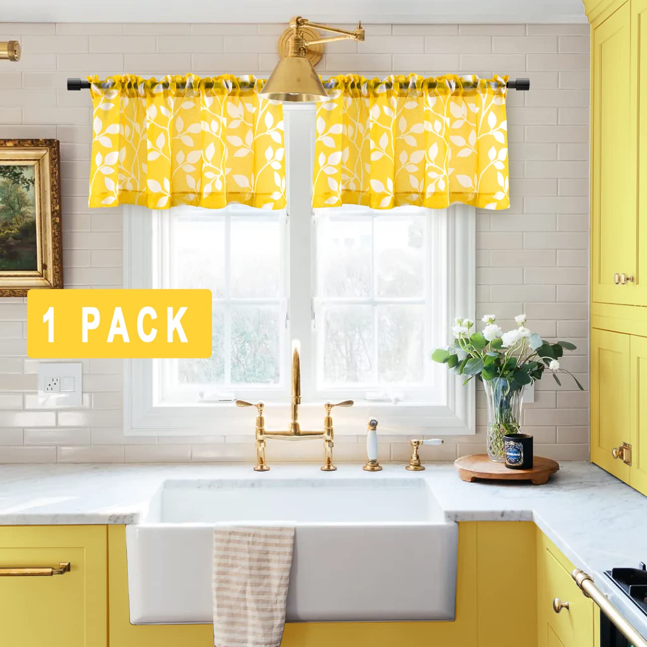 Yellow Valance Curtains for Kitchen Window - Rod Pocket Sheer Valance for Living Room, Bedroom & Bathroom - Home Decor
