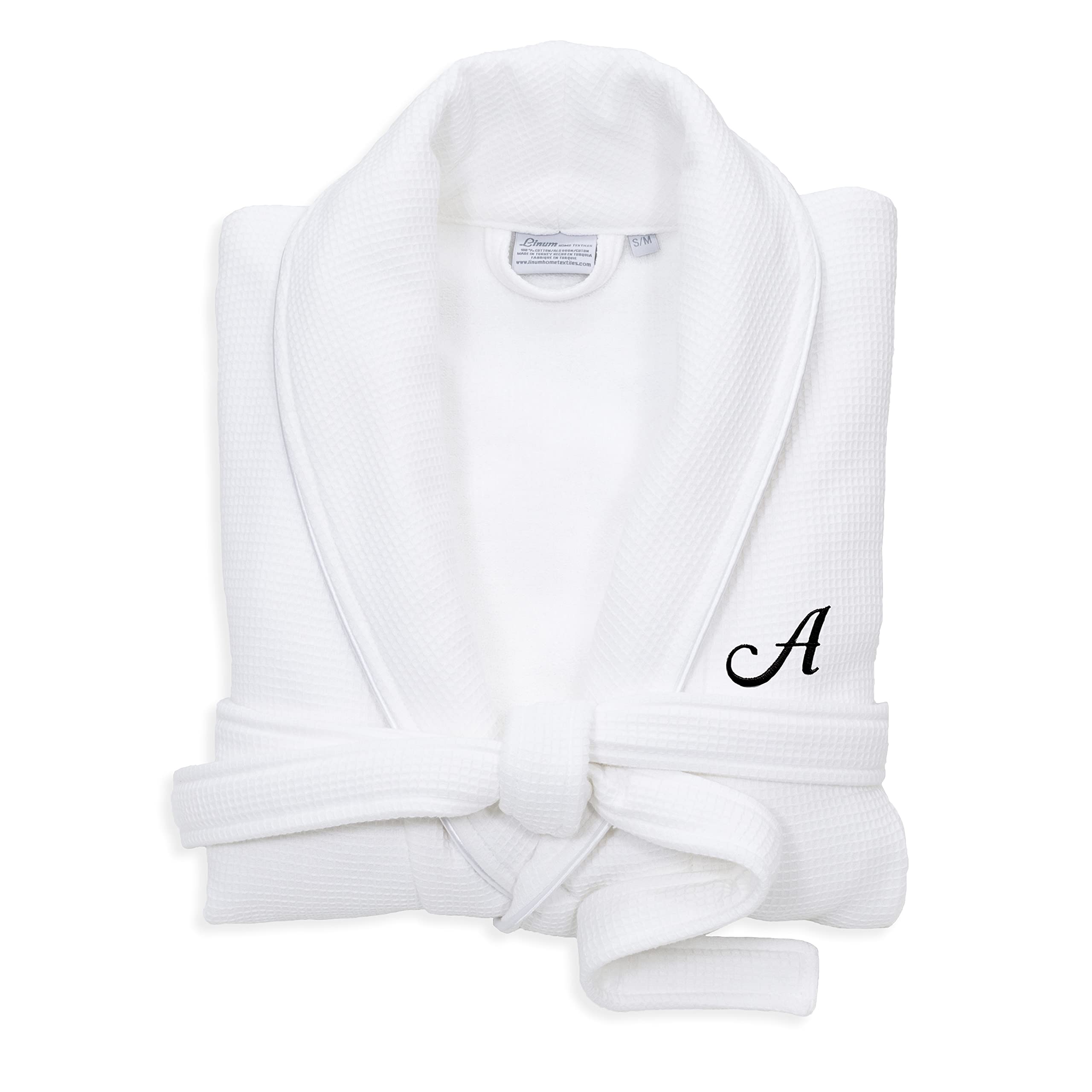 Premium White Unisex Turkish Cotton Waffle Weave Bathrobe with Black Monogram - Soft Absorbent Terry Cloth Robe for Spa, Hotel & Home Relaxation (Size L/XL)