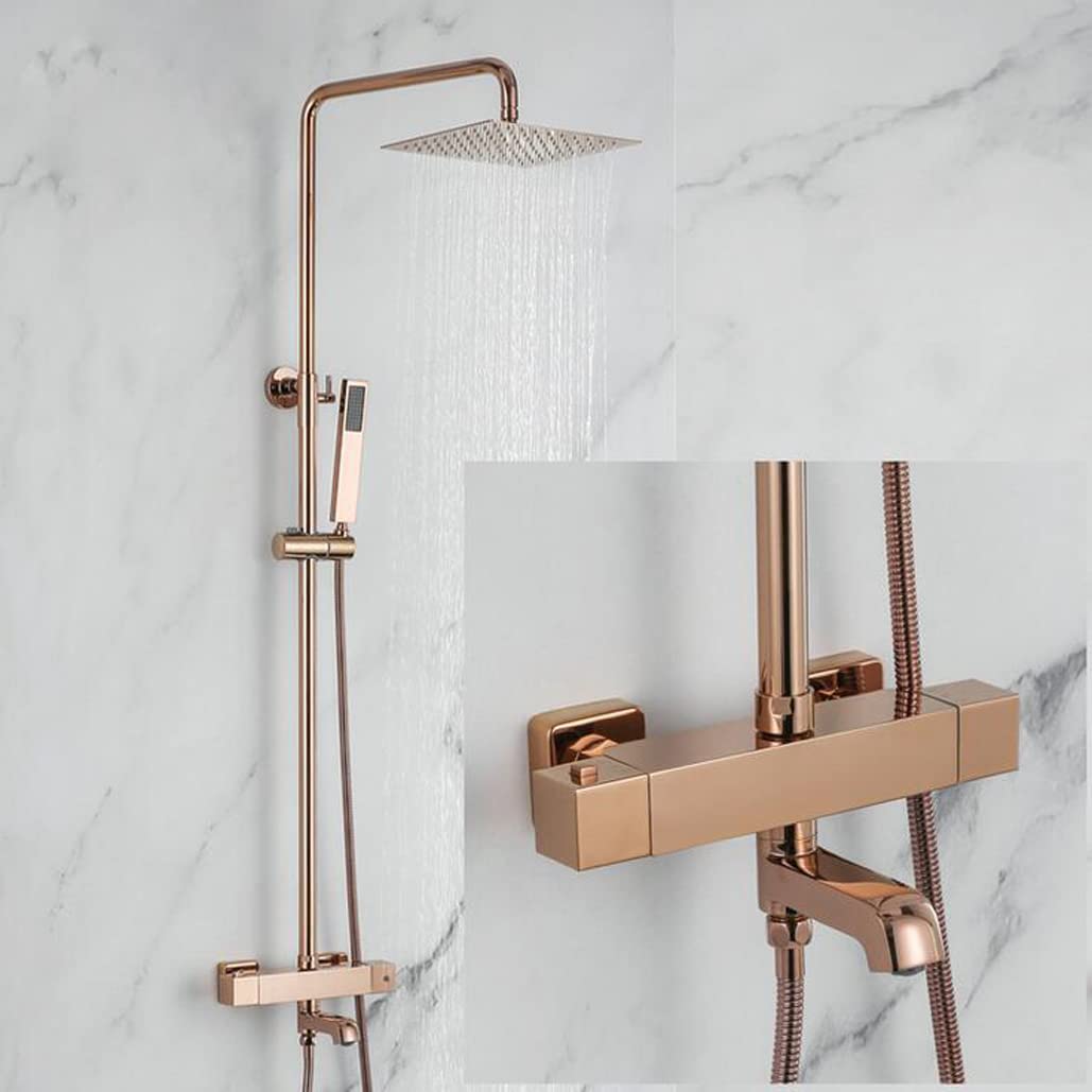 Luxury Rose Gold Thermostatic Wall Mounted Shower Set - 10 Inch Rainfall Shower Head & Hand Shower - Brass Bathroom Mixer Tap with Diverter - Perfect for Modern Spa-Like Bathroom Experience