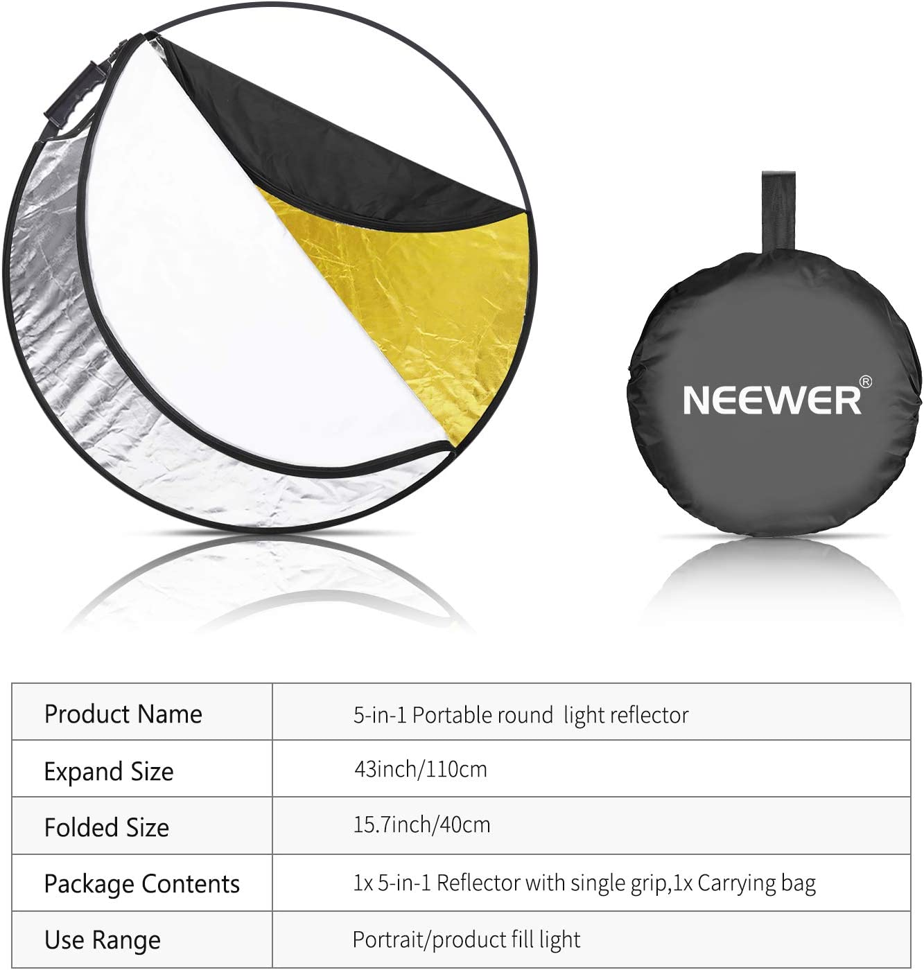 NEEWER 5-in-1 80CM/110CM Collapsible Round Light Reflector with Grip - Professional Photography Lighting Accessory for Portraits, Product Shoots & Outdoor Photography