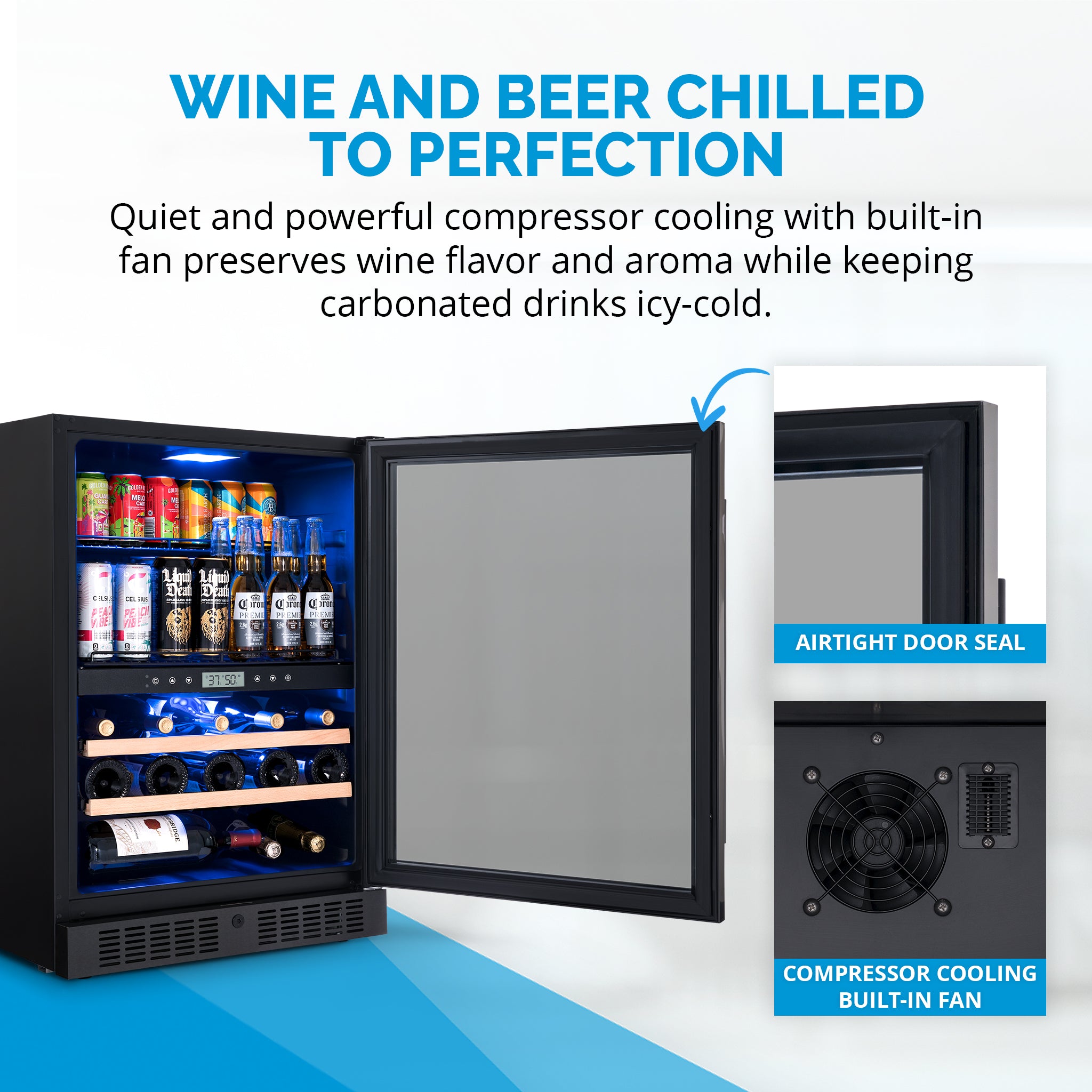 Newair® 100 Can 24 Bottle Dual Zone Built-In Beverage Refrigerator - Black Stainless Steel - Perfect for Home Bar, Office, or Man Cave