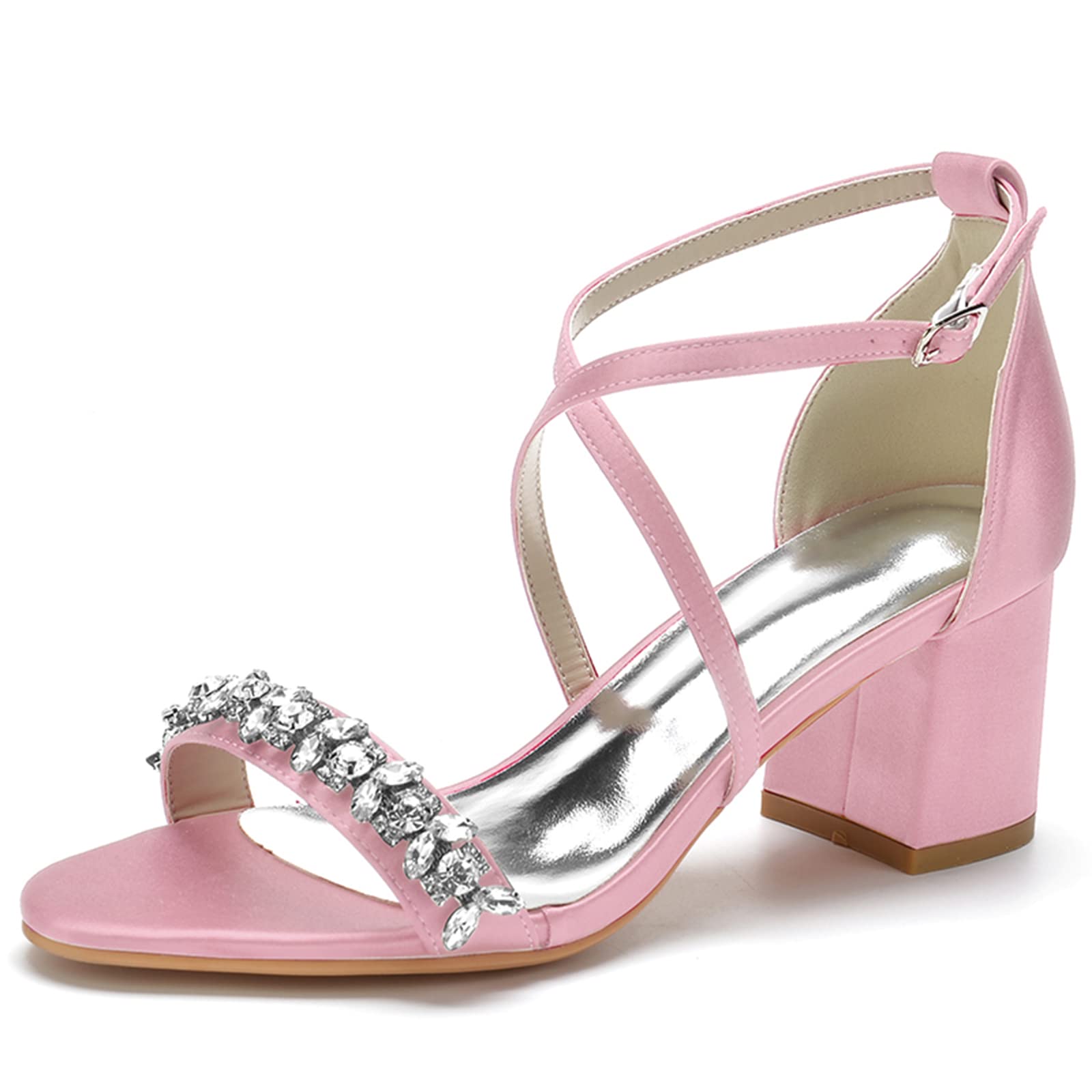 PWEFUR Women's Rhinestone Open Toe Sandals with Cross Ankle Strap & Block Heel - Elegant Wedding Shoes for Bride, Bridesmaids & Special Occasions | Perfect for Beach Weddings, Evening Parties & Formal Events