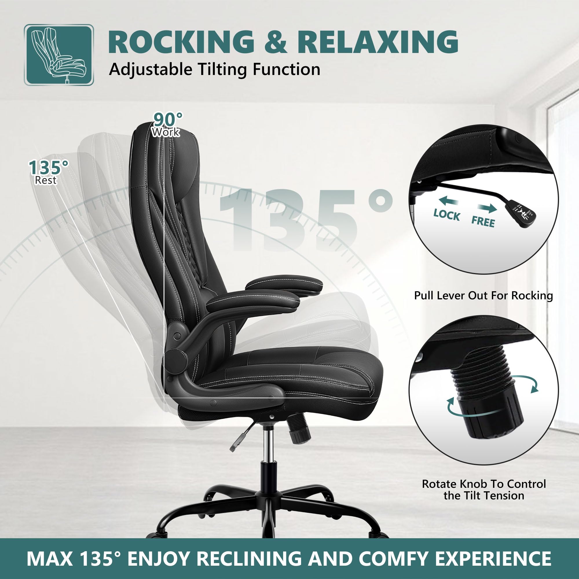 Ergonomic Big and Tall Executive Office Chair - High Back Leather Desk Chair with Lumbar Support & Adjustable Flip-Up Arms - Perfect for Home Office, Gaming, and Computer Work (Black)