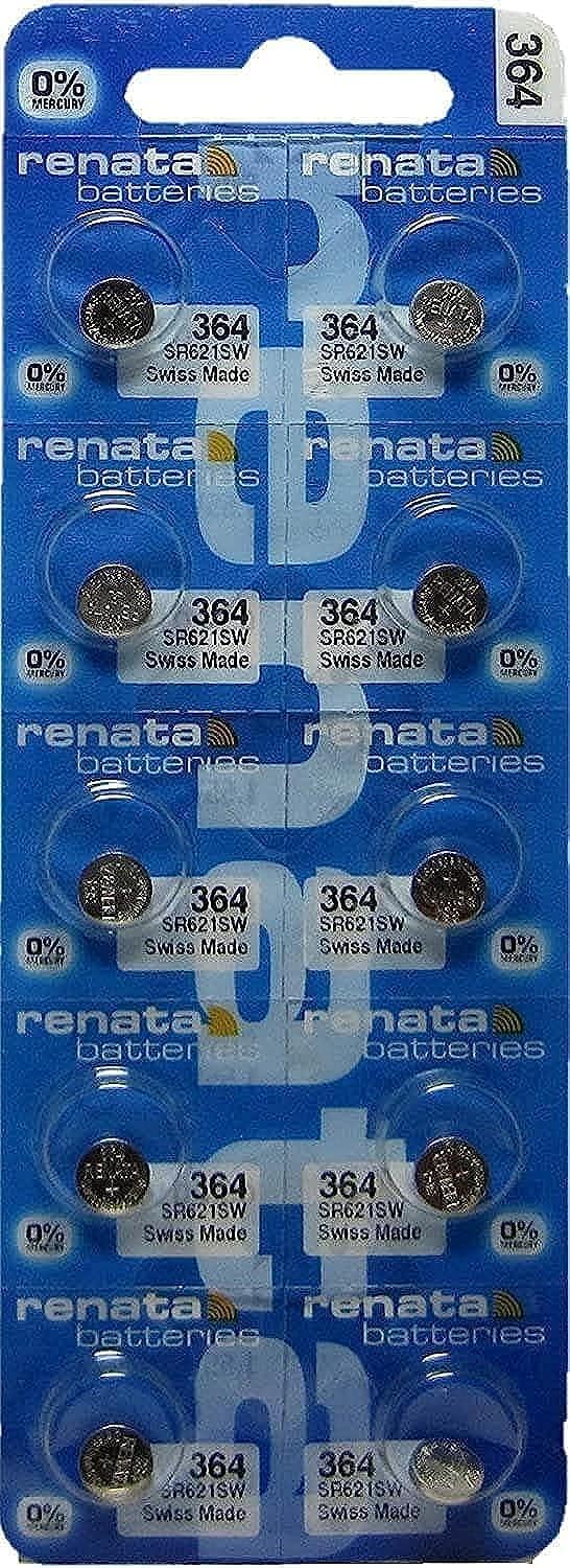 10 Pack Renata SR621SW 364 Silver Oxide Button Cell Batteries (0% Mercury) - Perfect for Watches, Calculators, and Small Electronics