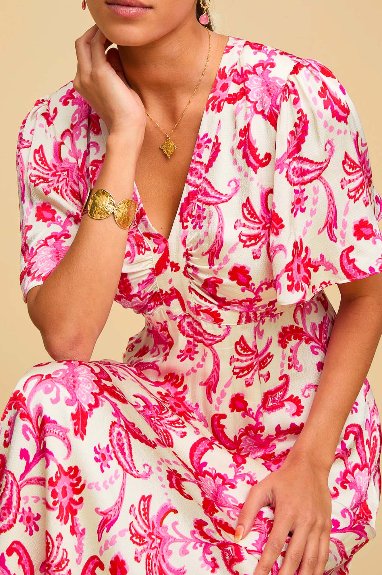 Anais Hammered Satin Dress - Floral Paisley Print in Cream, Red & Pink Colors | Perfect for Weddings, Parties & Special Occasions