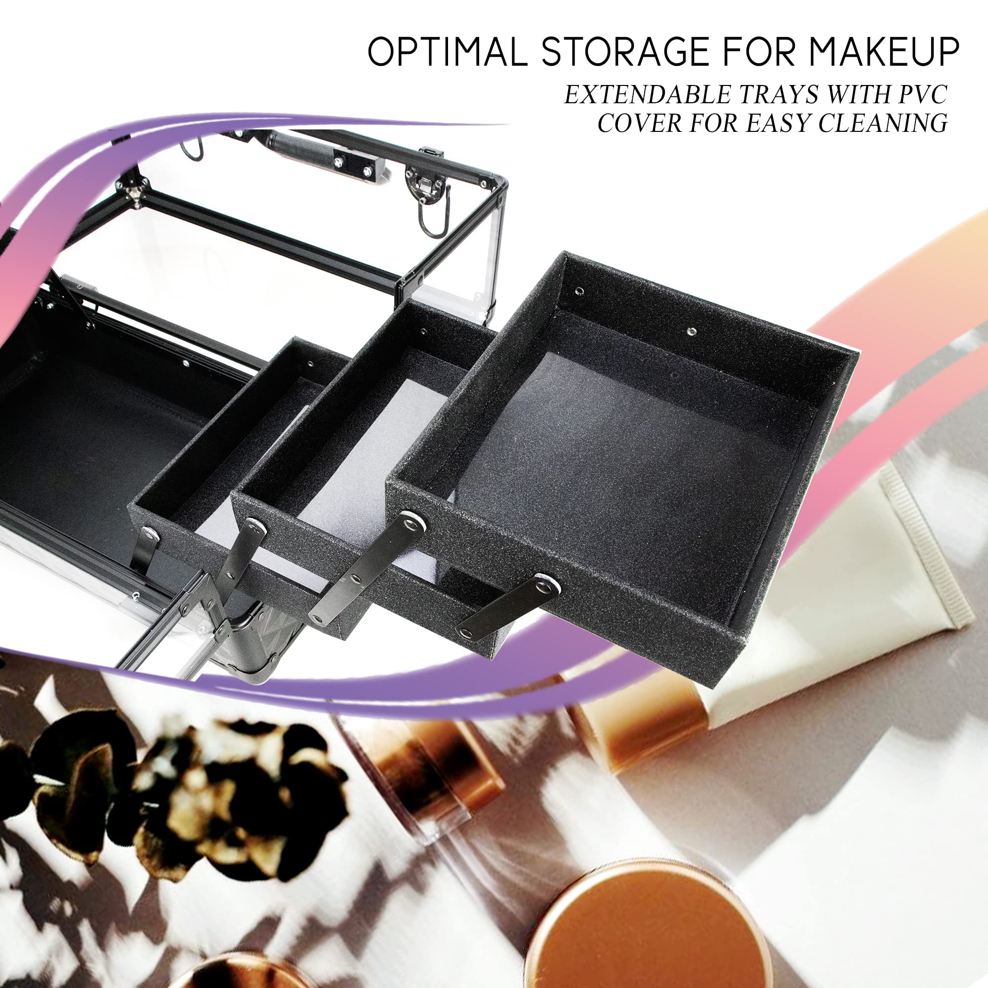 Ver Beauty 14 Inch Large Professional Makeup Train Case - Portable Acrylic Cosmetic Storage Organizer with 6 Trays for Makeup Artists, Jewelry, Nail Kits & Crafts - Perfect for Travel, Salon & Home Organization (Black)