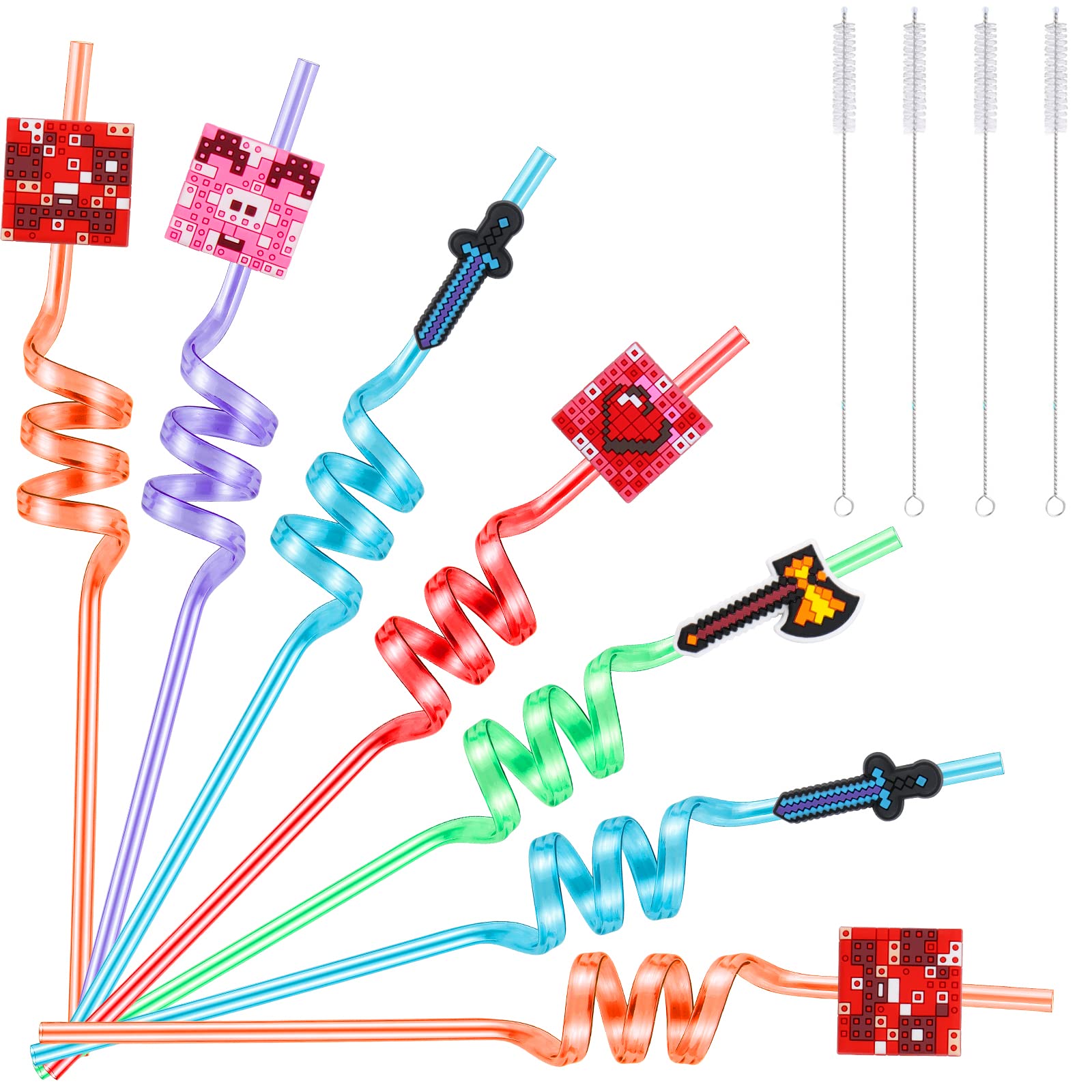 Reusable Pixel Straws for Minecraft Party - 25 Pack with Cleaning Brush | Kids Birthday & Gaming Party Supplies