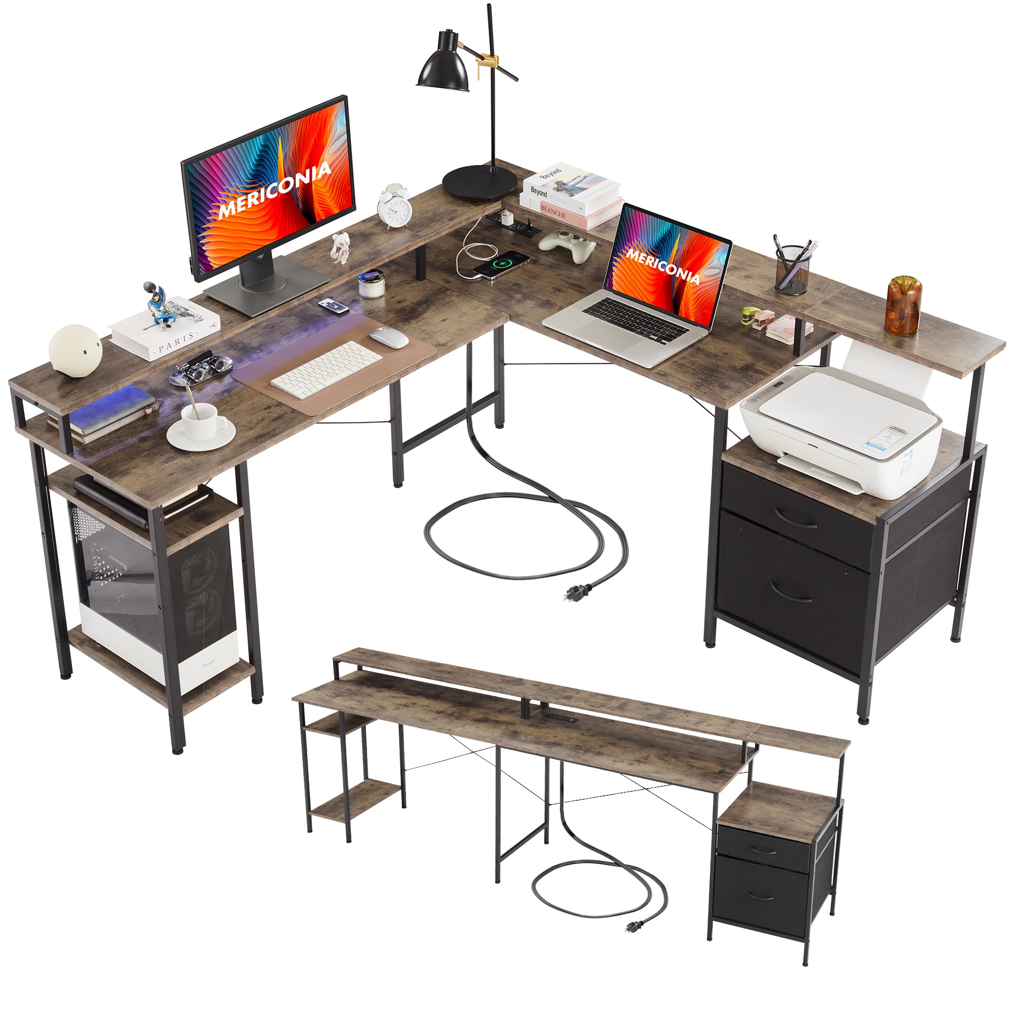L Shaped Gaming Desk 66 Inch - Corner Computer Desk with LED Lights, File Drawer & Monitor Shelf - Ergonomic Workstation for Home Office, Gaming Setup & Two-Person Workspace (Grey) - Perfect for Small Spaces & Multi-Monitor Setups