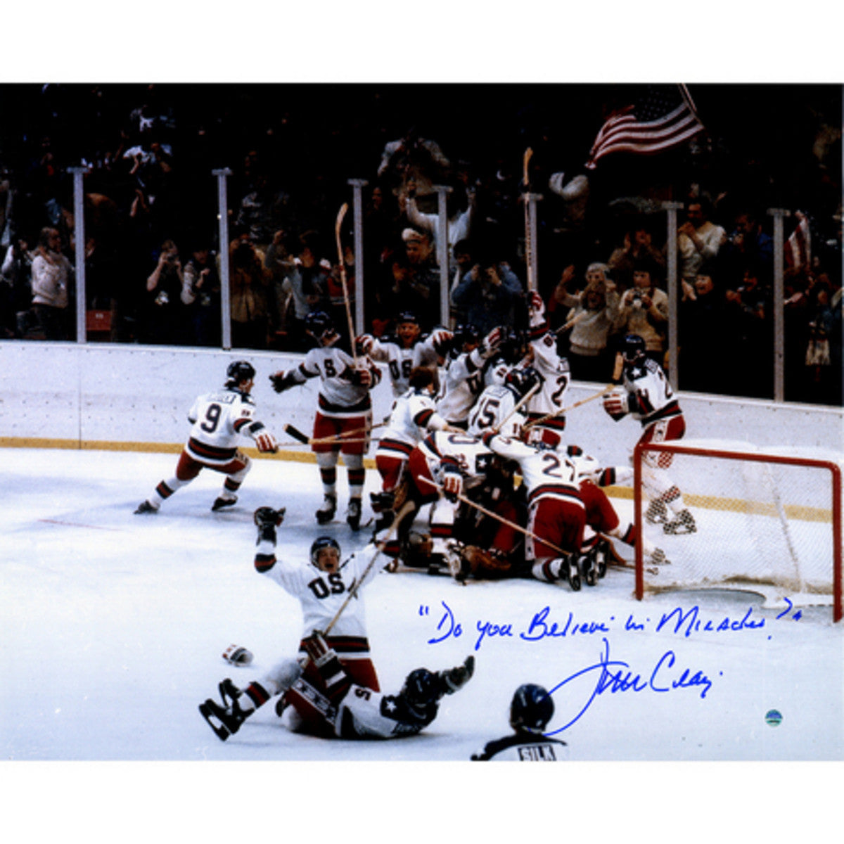 Jim Craig 1980 USA Olympic Hockey Celebration 16x20 Framed Print - 'Do You Believe in Miracles?' Inscription - Vintage Sports Memorabilia for Hockey Fans & Man Cave Decor