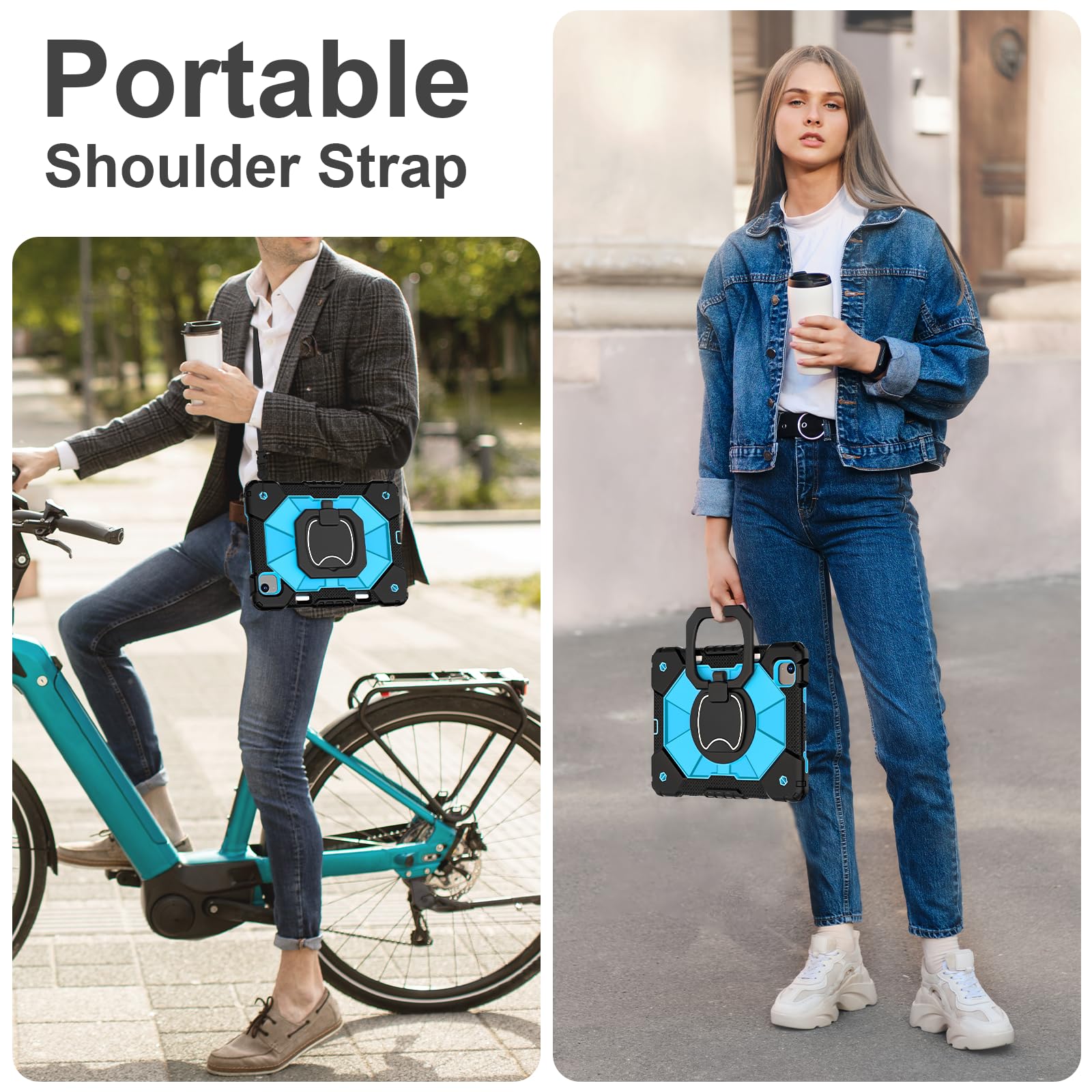 Heavy Duty iPad Air 11 Inch Case for M3/M2 (2025/2024) - 7th/6th Generation Protective Cover with Rotating Stand, Screen Protector, Pencil Holder & Shoulder Strap (Black/Blue) - Perfect for Work, Travel & School Use