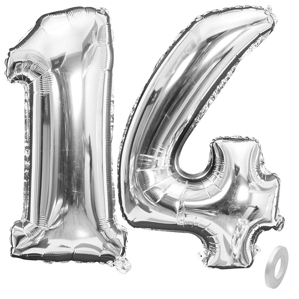 40 Inch Large Silver Foil Mylar Number 14 Balloons - Giant Jumbo Birthday Party Decorations for Anniversaries, Graduations & Special Events (Silver #14)