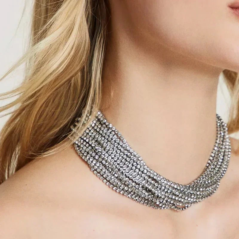 Elegant Rhinestone Multilayer Choker Necklace - Sparkling Crystal Statement Collar Necklace for Women | Perfect for Evening Parties, Weddings & Special Occasions