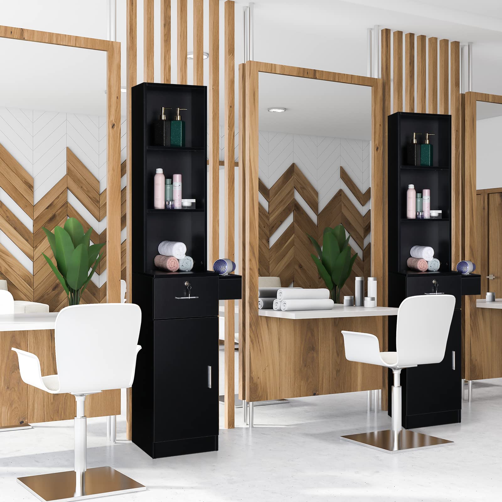 OmySalon Professional Hair Styling Station - 3-Tier Storage Shelf, Large Cabinet & Hair Dryer Holders - Black | Barber Salon Equipment for Stylists & Hairdressers | Perfect for Salon, Home & Mobile Hair Services