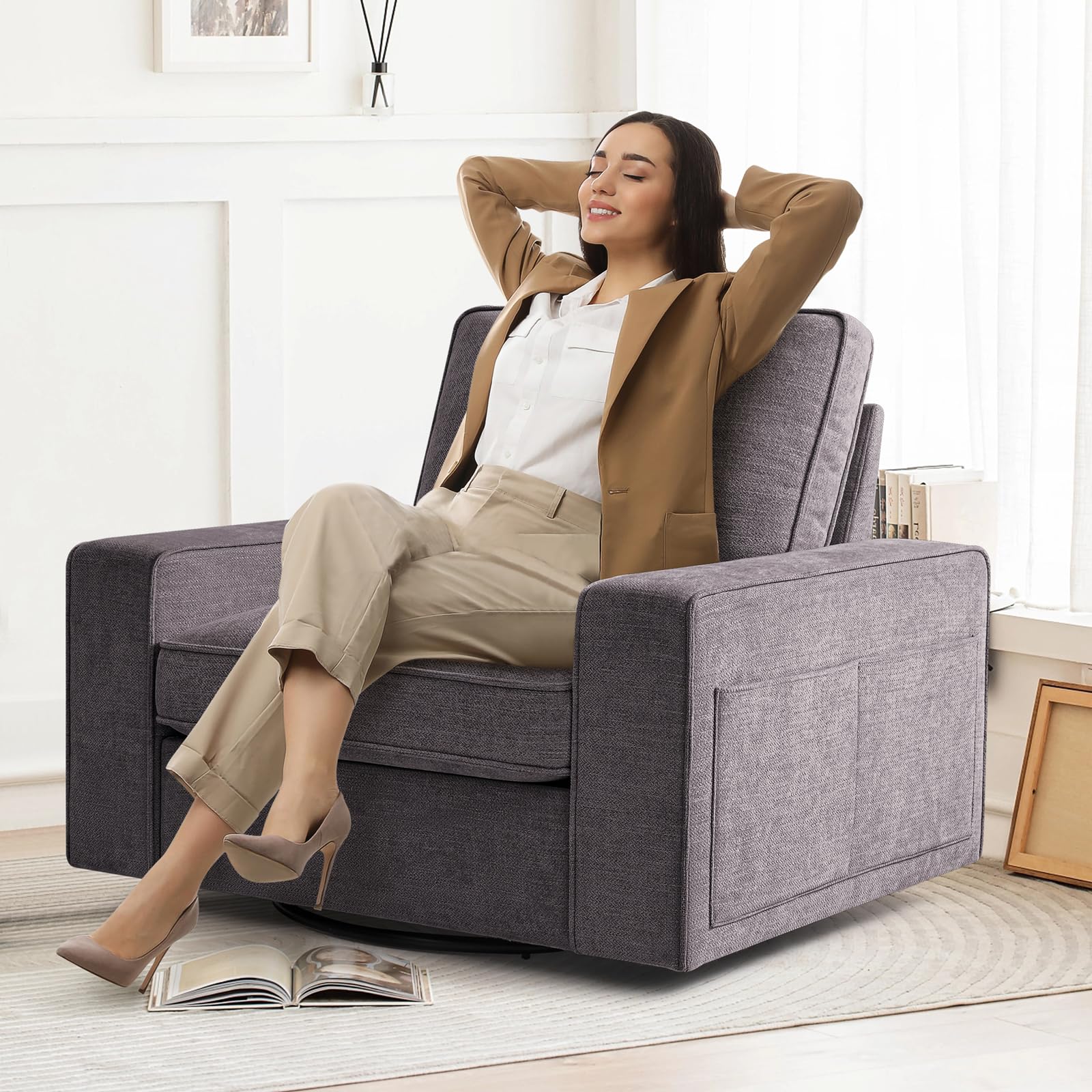 Swivel Accent Chair for Living Room - Comfy Single Sofa Chair with Soft Breathable Padding, Extra Wide Armrests & Washable Cover (Dark Gray, 40.7