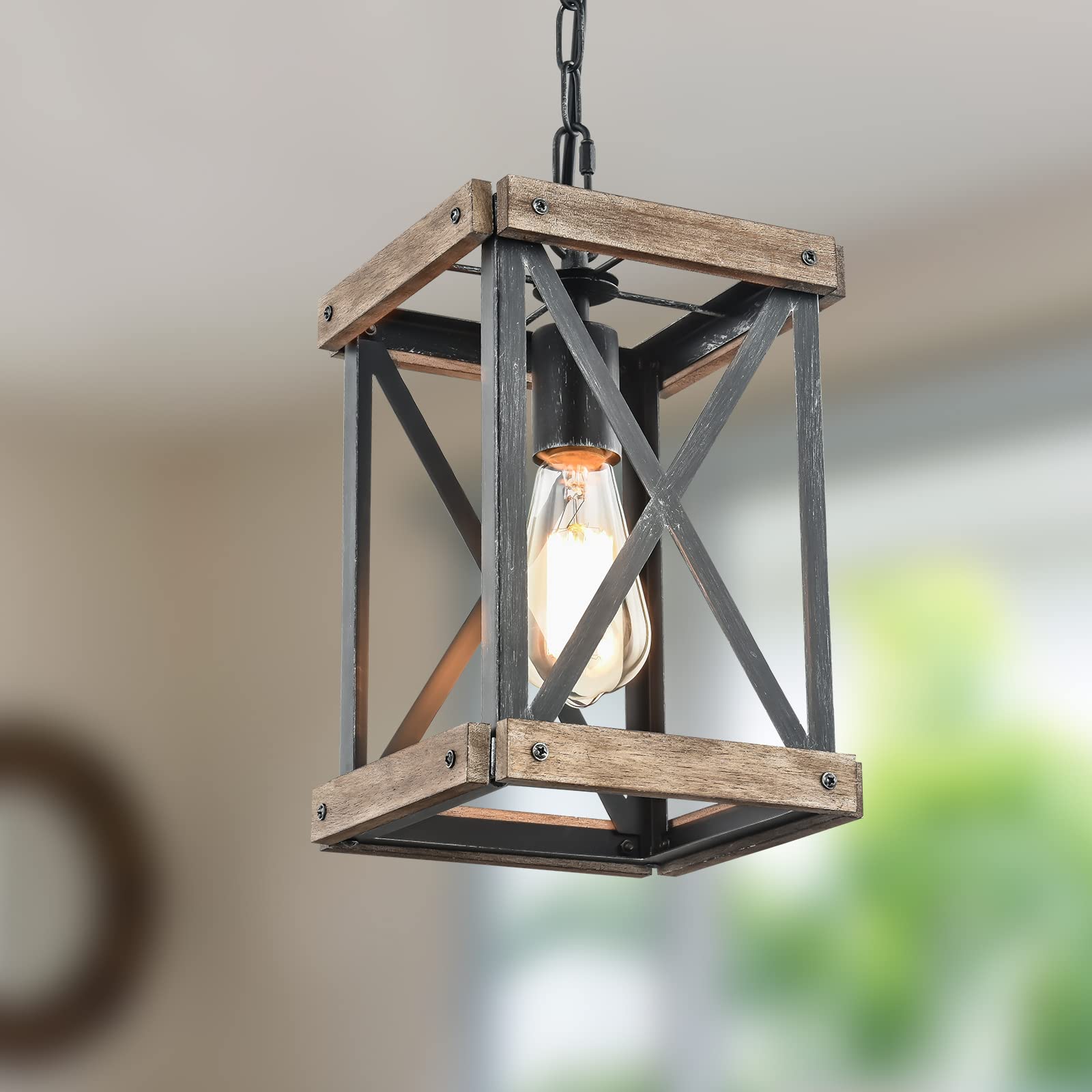 Rustic Farmhouse Pendant Light - Adjustable Metal & Wood Chandelier Lighting Fixture for Kitchen Island, Dining Room, Bedroom, Entryway - Brown - Perfect for Farmhouse, Industrial & Vintage Home Decor