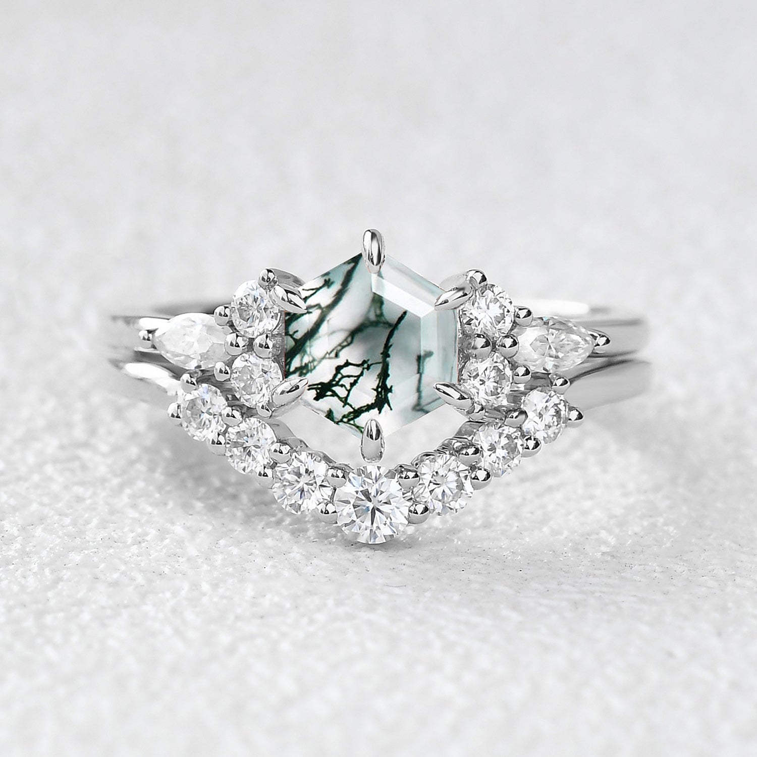 1.0ct Hexagon Moss Agate Cluster Engagement Ring Set - 2 Piece Wedding Band Set for Women, Nature-Inspired Jewelry for Brides, Anniversaries & Special Occasions