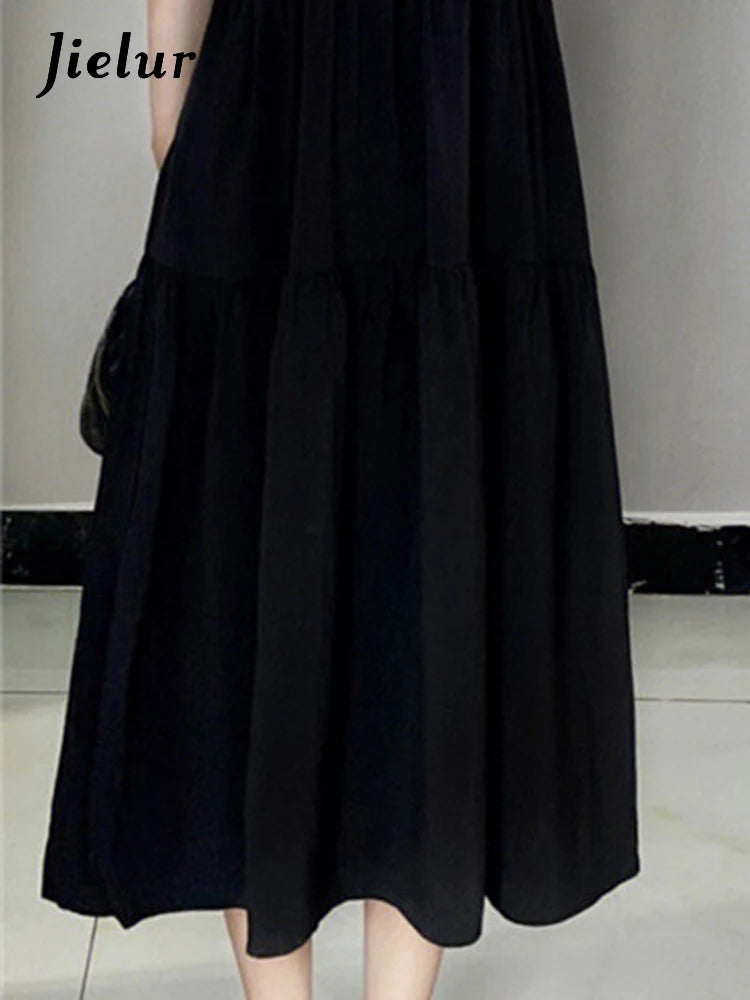 Elegant Black Ruffles Sleeveless Chiffon Dress for Women - Summer Solid Color Square Neck Evening Gown | Perfect for Cocktail Parties, Weddings & Formal Occasions