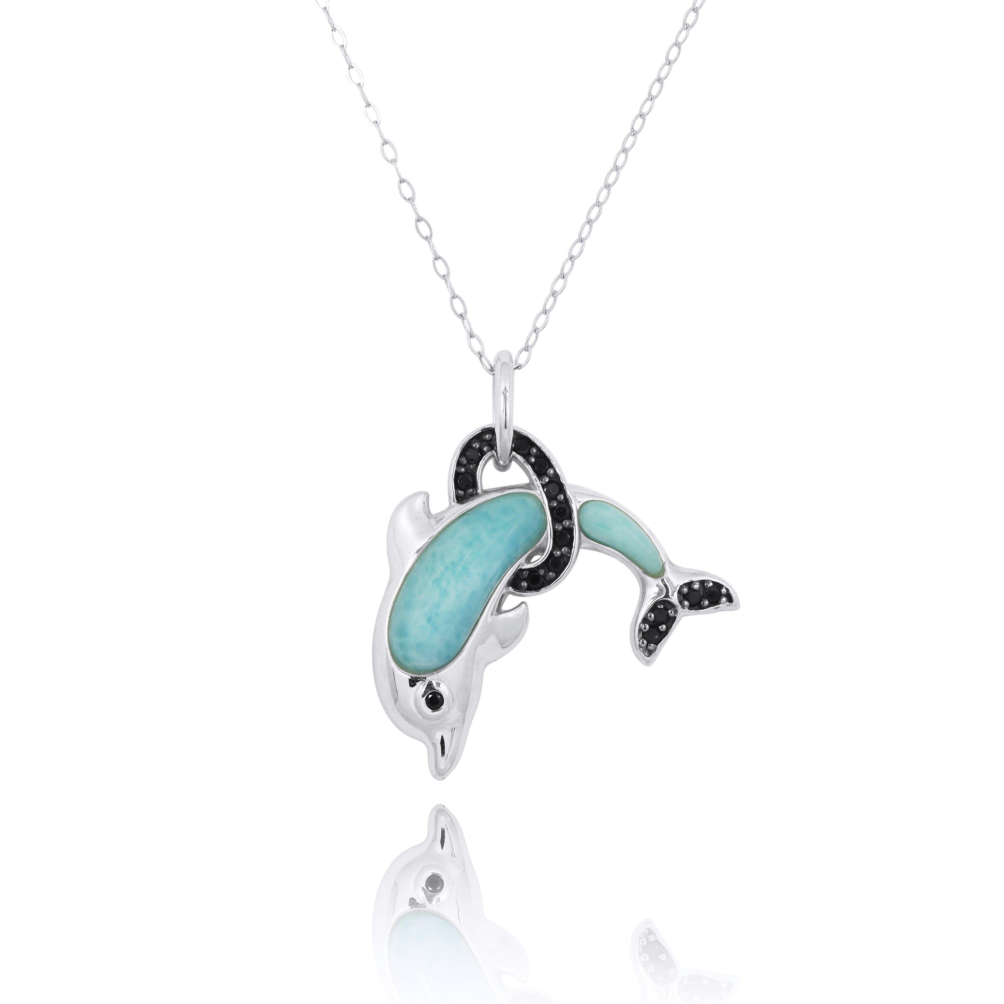 Dolphin Necklace with Larimar & Black Spinel - Handmade Sterling Silver Jewelry for Women - Perfect Gift for Beach Lovers & Ocean Enthusiasts