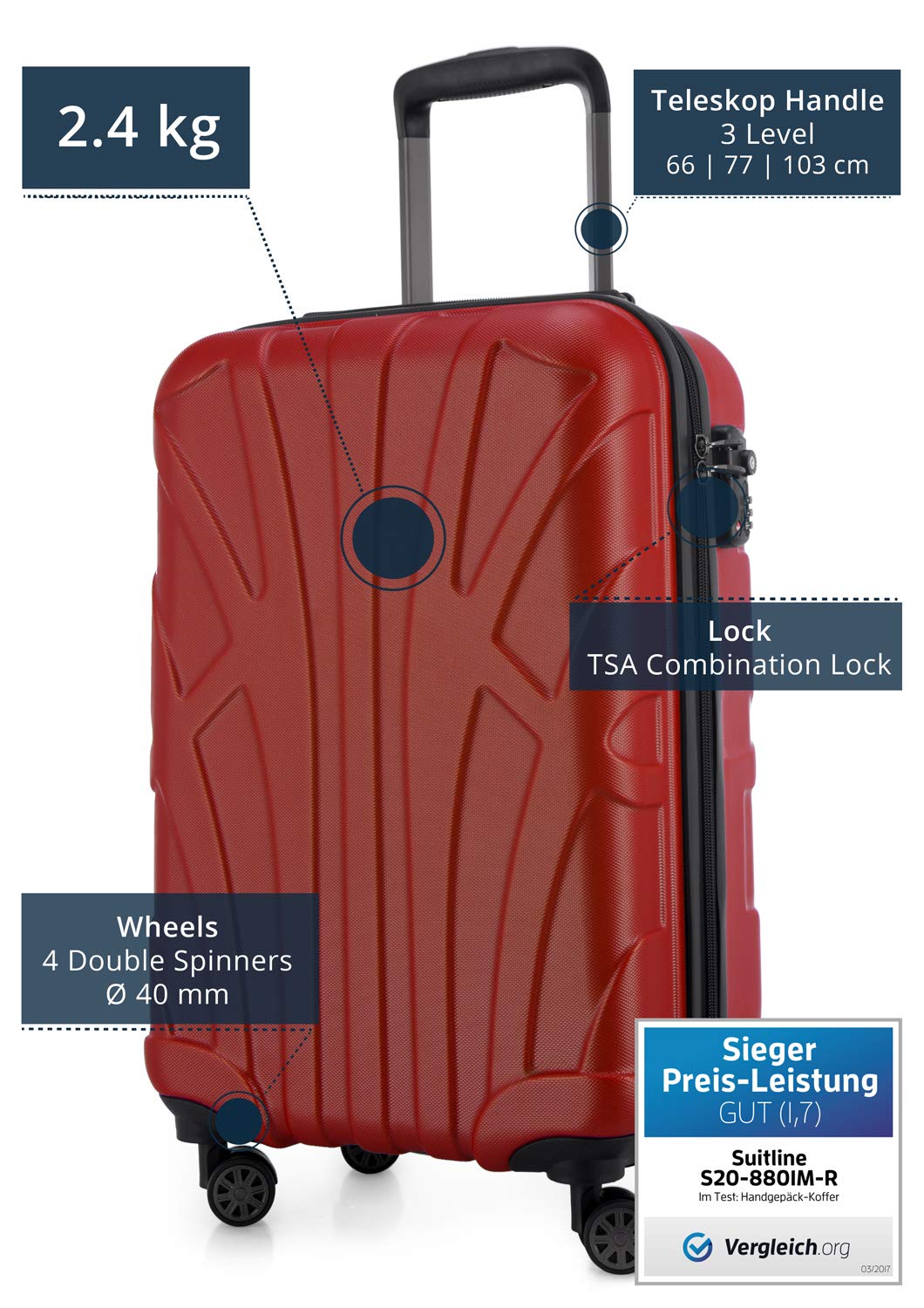 Stylish Suitline Red Hand Luggage 55cm - Perfect for Air Travel & Weekend Getaways