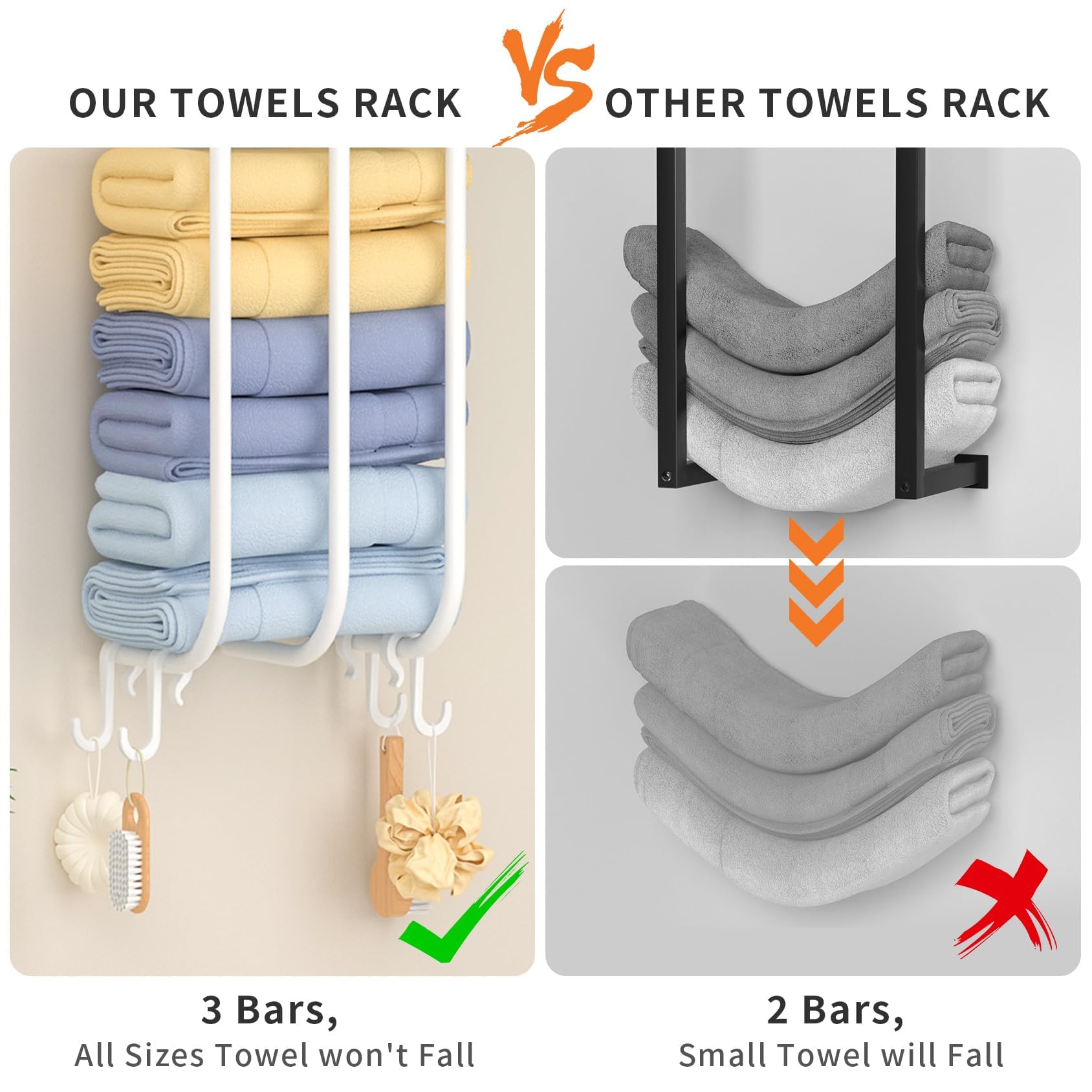 Stainless Steel Wall Mounted Bathroom Towel Rack with 4 Hooks & Shelf - Space Saving Towel Holder Organizer for Small Bathrooms (Holds 3 Large Rolled Towels, White) - Perfect for Bathroom, Laundry Room & Spa Decor