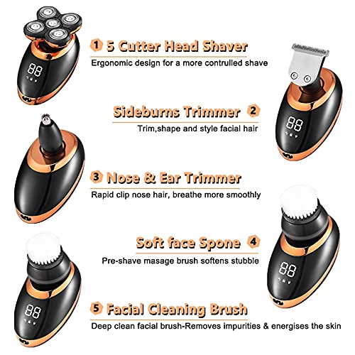 5D Floating Electric Razor for Men - 5 Blade Beard Trimmer with LCD Display & Nose Hair Trimmer | Golden Color (Package A) | Perfect for Travel, Home & Office Grooming