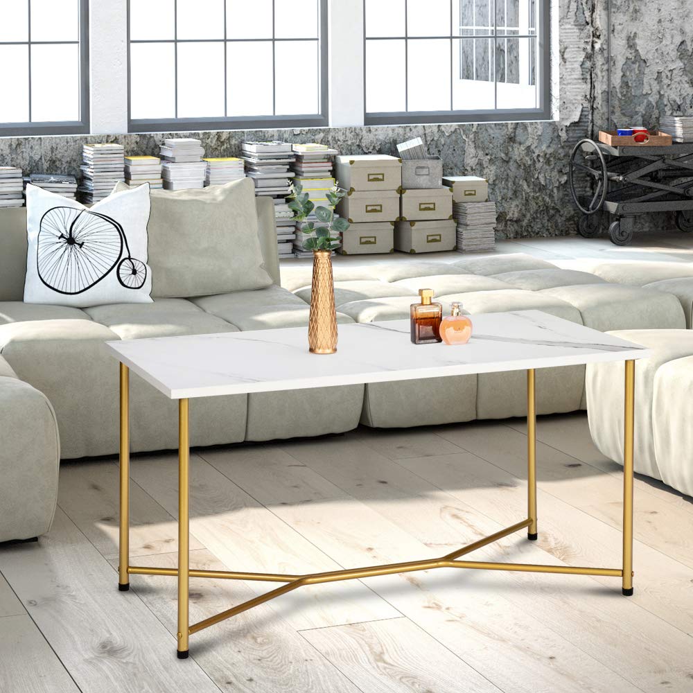 BNSPLY Modern Marble Coffee Table with Gold Metal Legs - Rectangle Living Room Center Table - Elegant Marble Top & Gold Base - Perfect for Home Decor, Lounge, and Office Spaces