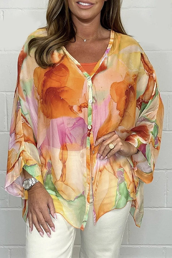 Unique Printed Long Sleeve V-Neck Chiffon Blouse - Elegant Loose Fit Tops for Women | Perfect for Office Wear, Casual Outings & Special Occasions