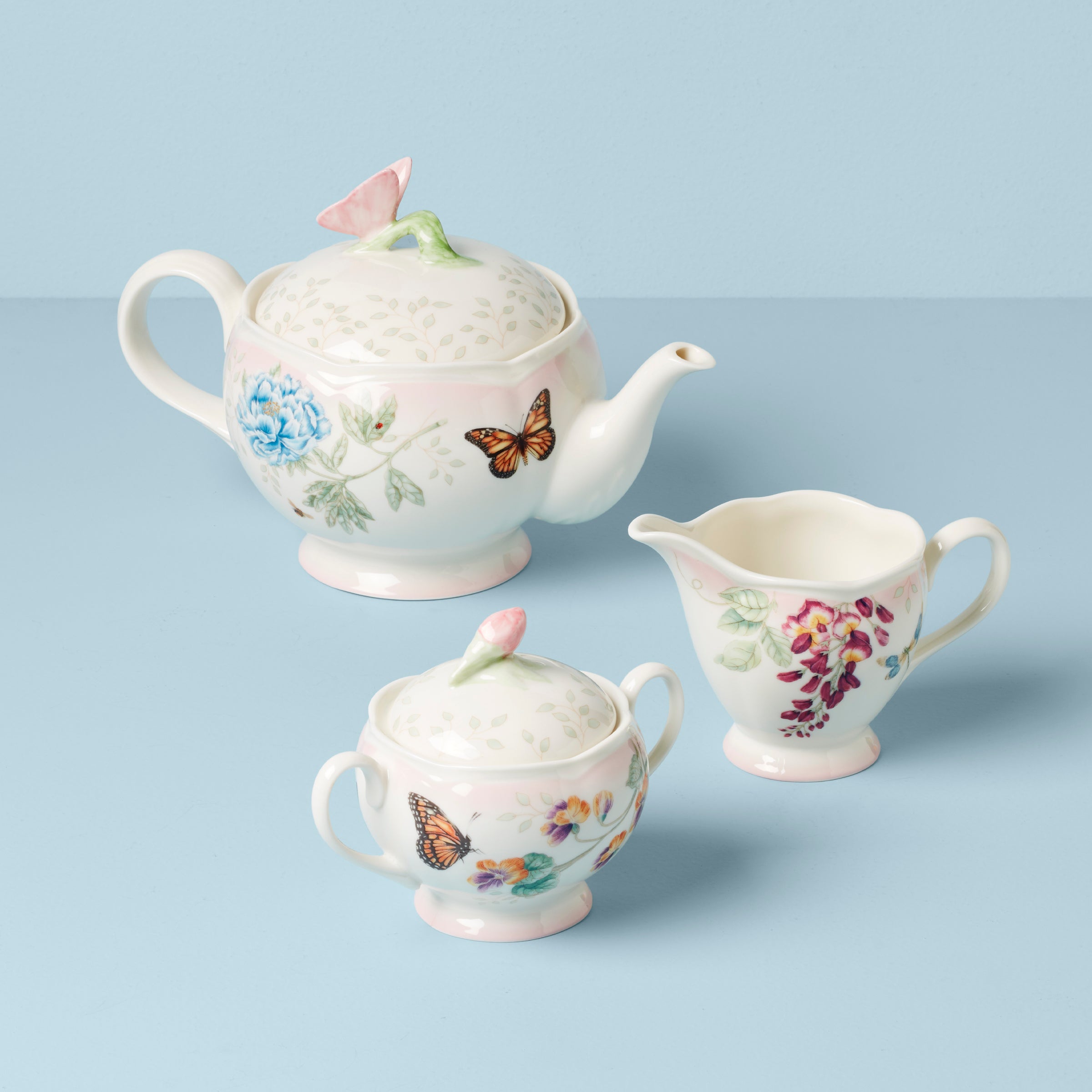Butterfly Meadow Pink Ombre 5-Piece Tea Set - Elegant Floral Porcelain Tea Cup Set with Saucers & Teapot - Perfect for Afternoon Tea, Bridal Showers & Garden Parties