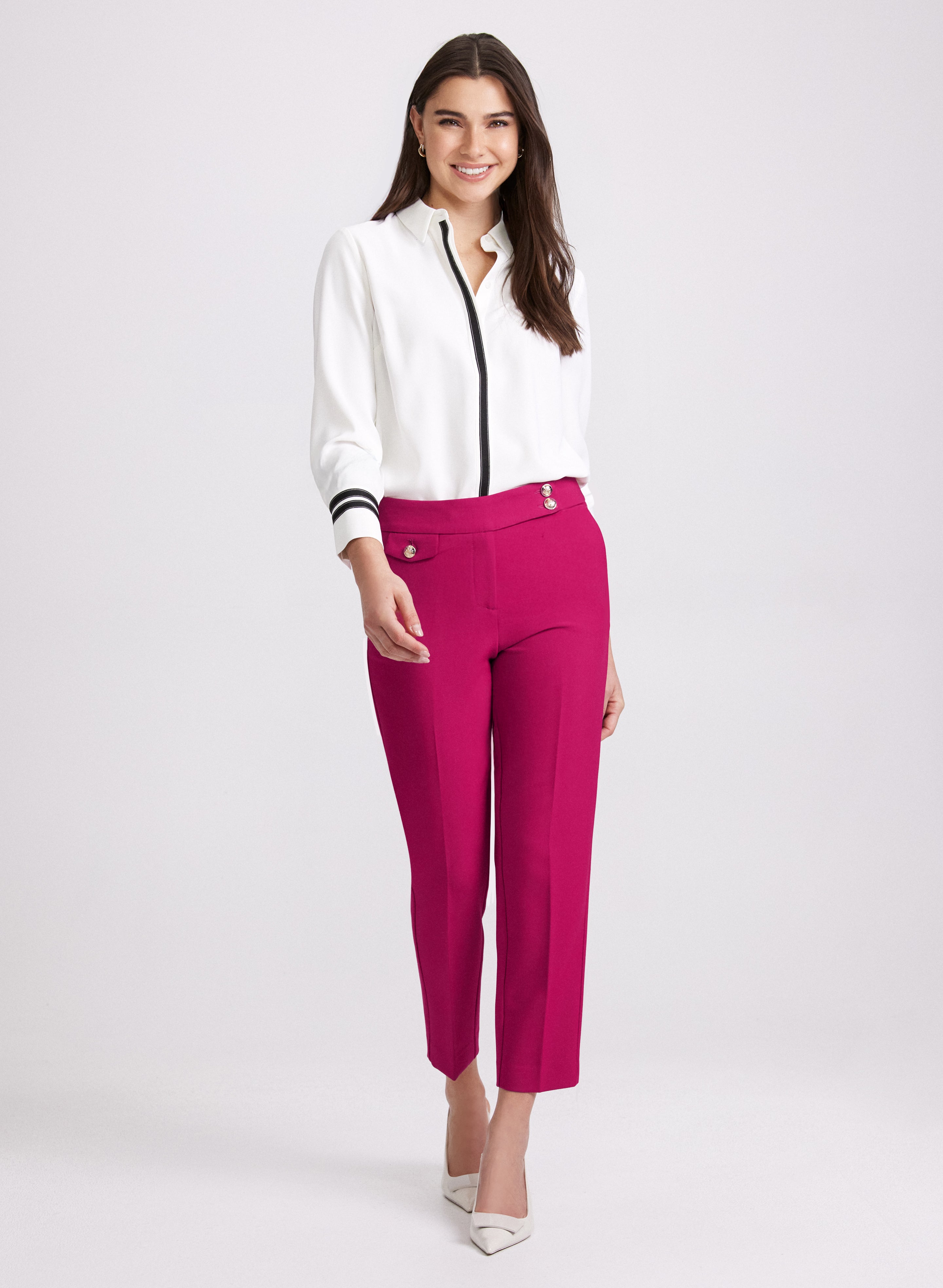 Emma Embossed Button Slim Leg Pants for Women - High Waisted Stretch Office Pants, Business Casual Work Trousers for Professional & Everyday Wear