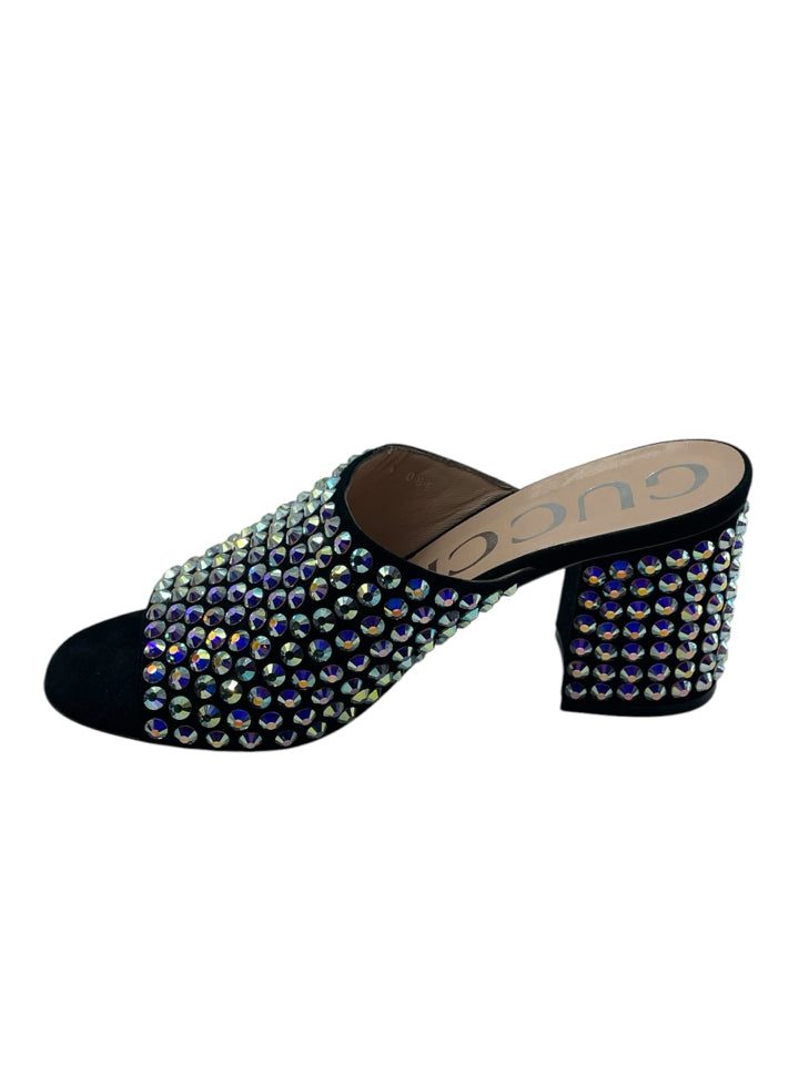 Gucci Embellished Suede Mules for Women - Size 37.5 (US 7.5) | Luxury Slip-On Loafers with Rhinestone Details - Perfect for Casual Outings, Office Wear & Special Occasions