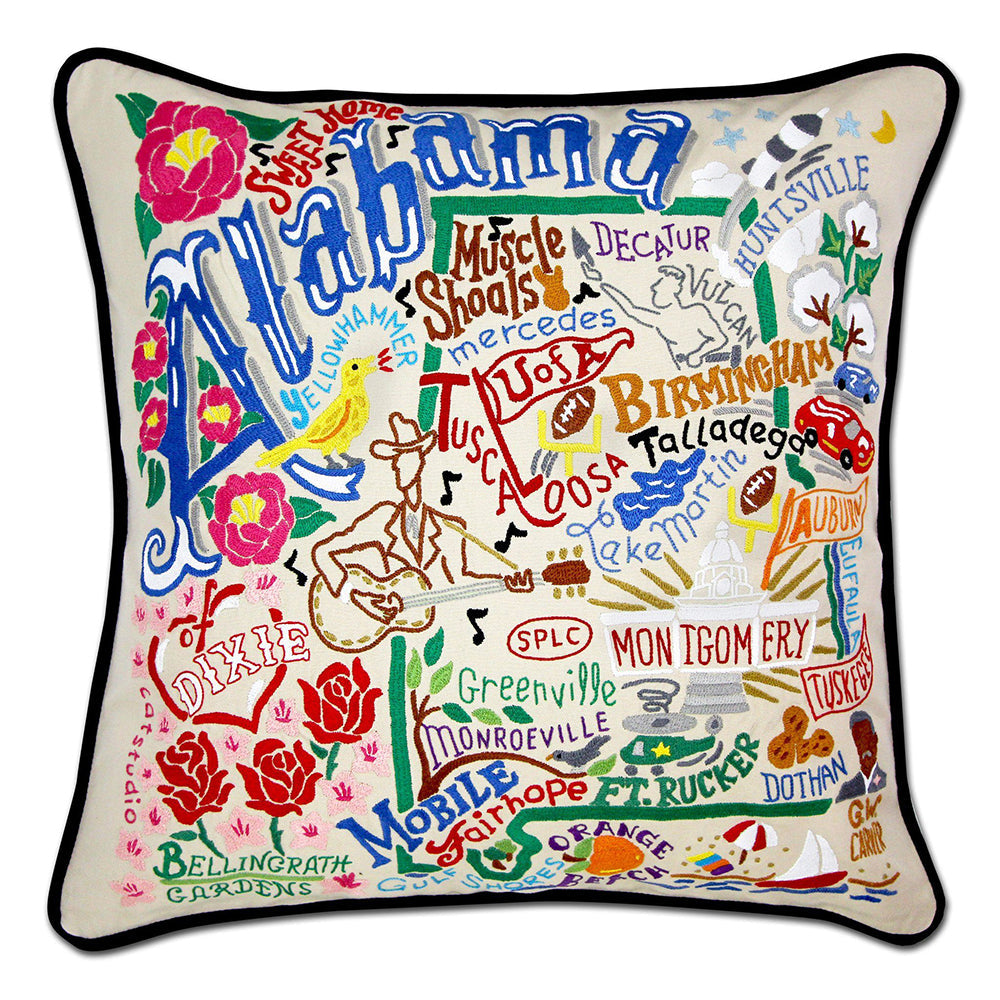Hand Embroidered Decorative Throw Pillow Cover - Alabama State Design - Southern Home Decor for Living Room, Bedroom, or Porch